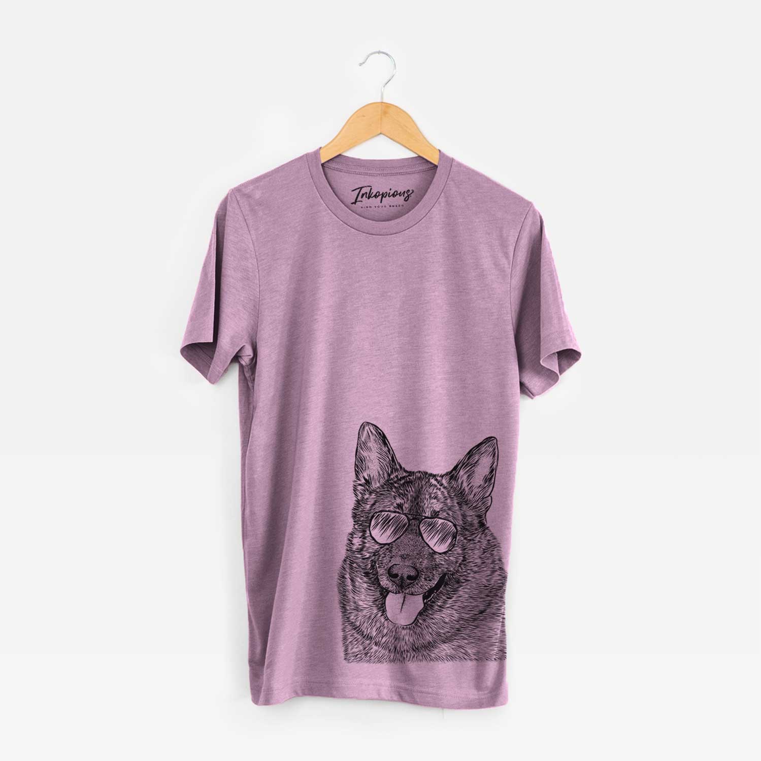 Hand-drawn sketch of Kasia the Norwegian Elkhound wearing aviator sunglasses on an Orchid Bella Canvas Unisex Crewneck