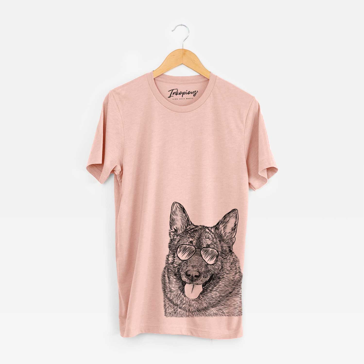 Hand-drawn sketch of Kasia the Norwegian Elkhound wearing aviator sunglasses on a Peach Bella Canvas Unisex Crewneck