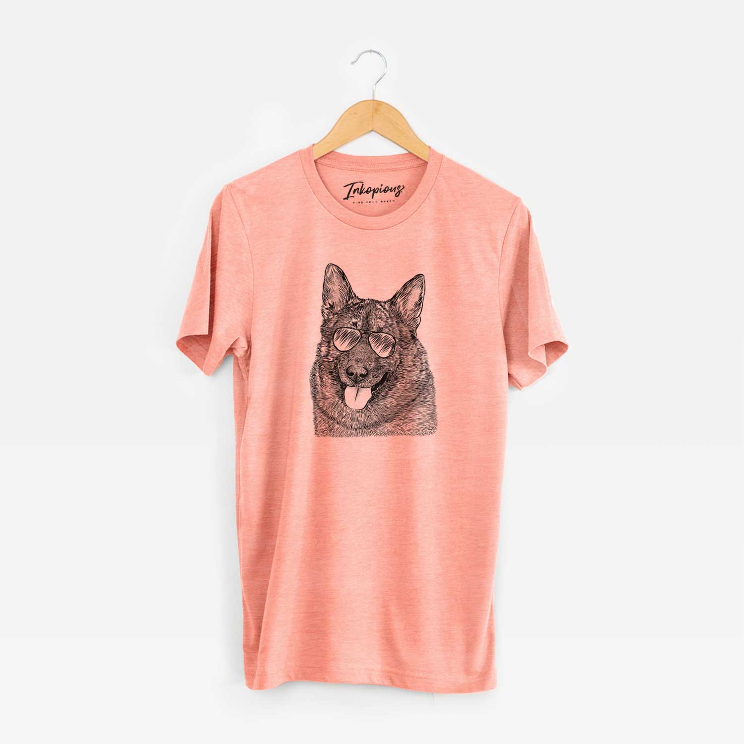 Hand-drawn sketch of Kasia the Norwegian Elkhound wearing aviator sunglasses on a Sunset Unisex crewneck