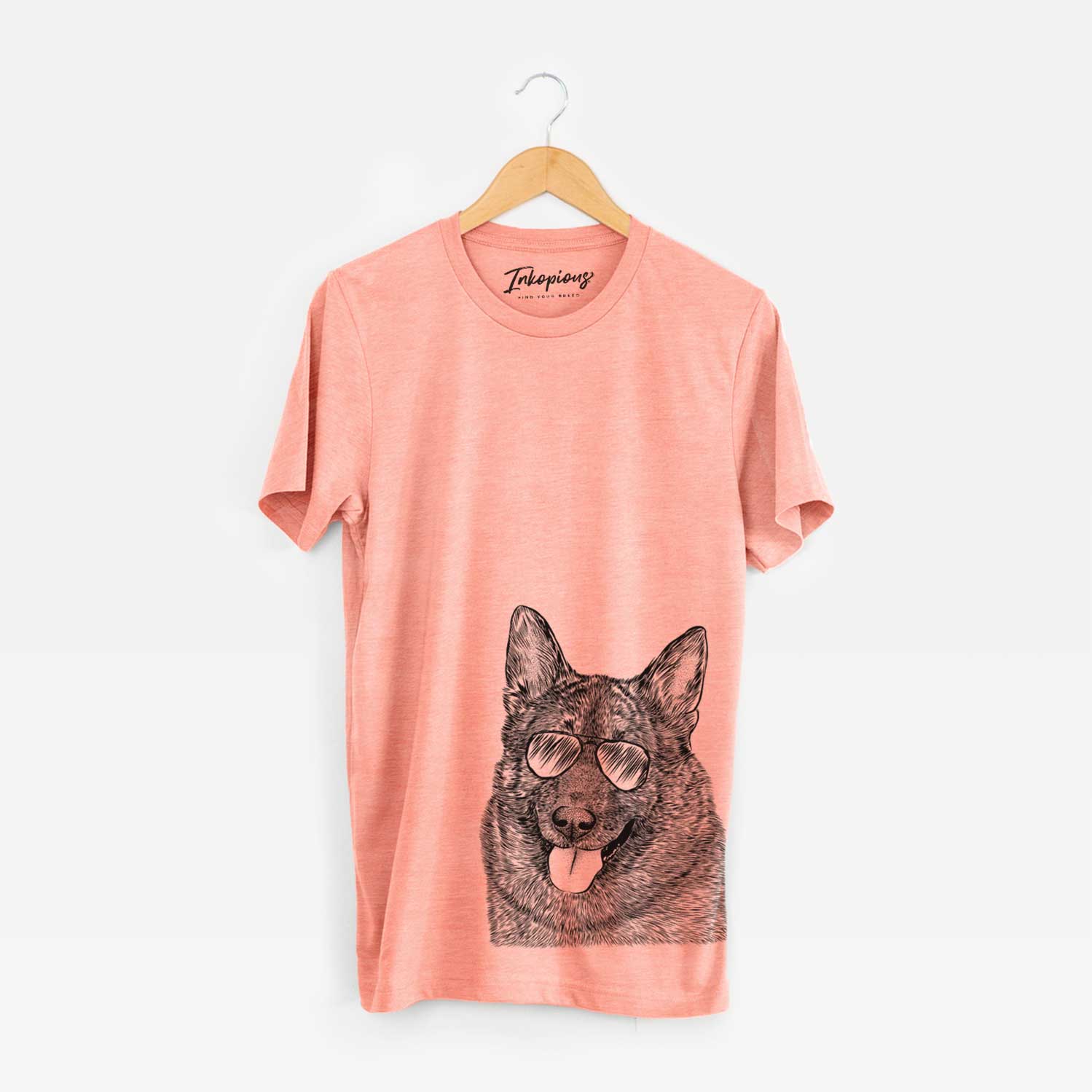 Hand-drawn sketch of Kasia the Norwegian Elkhound wearing aviator sunglasses on a Sunset Unisex crewneck