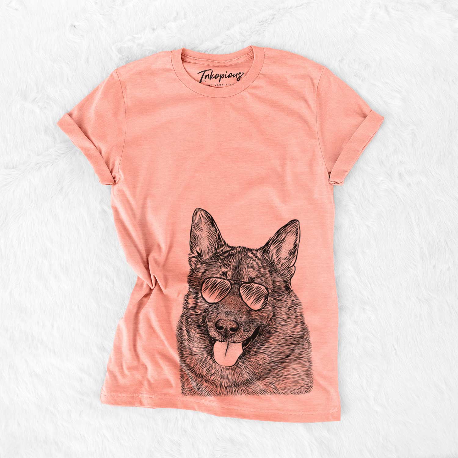 Hand-drawn sketch of Kasia the Norwegian Elkhound wearing aviator sunglasses on a Sunset Bella Canvas Unisex Crewneck