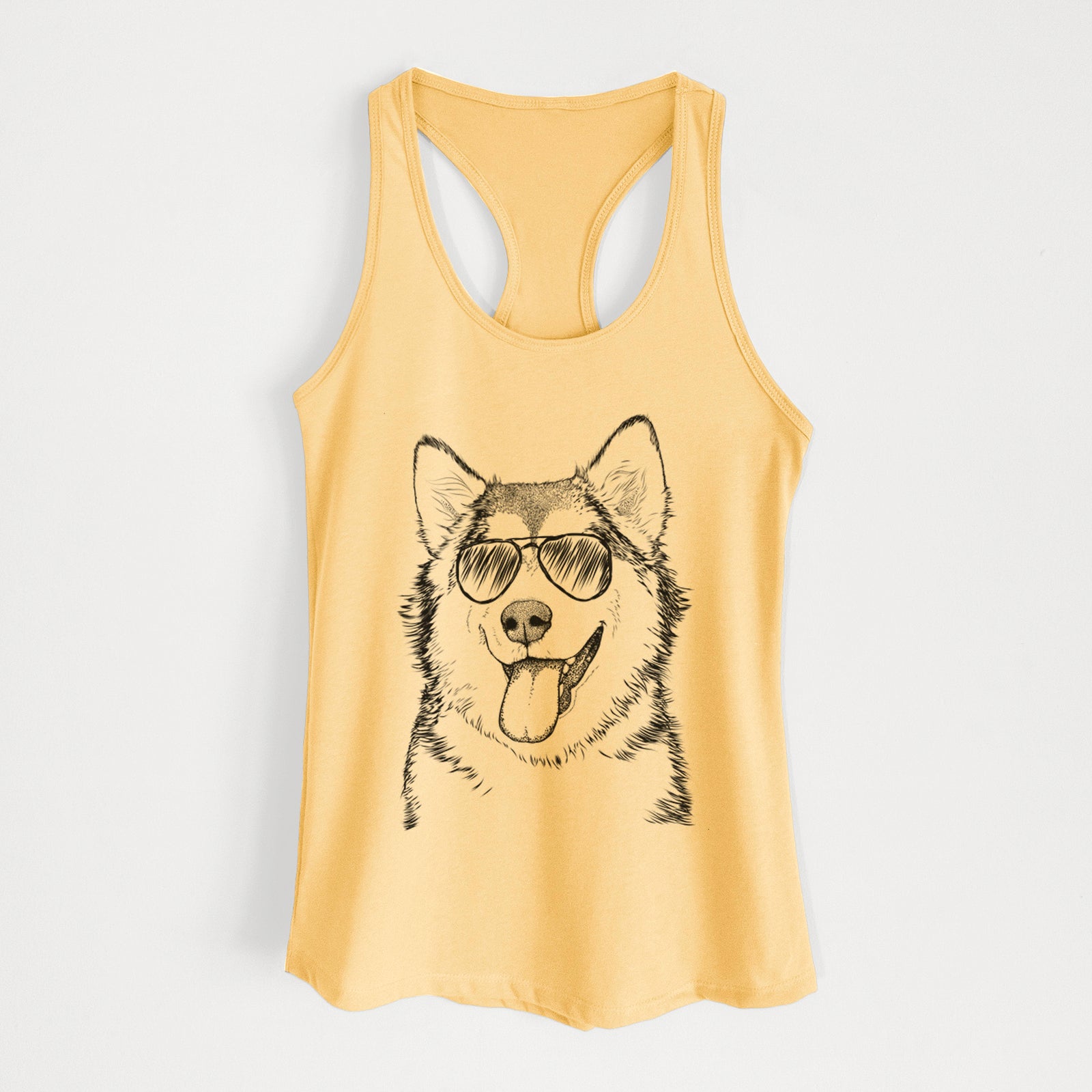 Hand-drawn sketch of Kaskae the Alaskan Malamute wearing aviator sunglasses on a Banana Cream Women's racerback tanktop