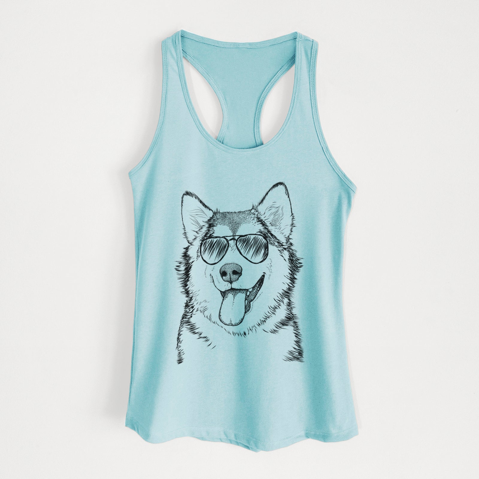 Hand-drawn sketch of Kaskae the Alaskan Malamute wearing aviator sunglasses on a Cancun Blue Women's racerback tanktop