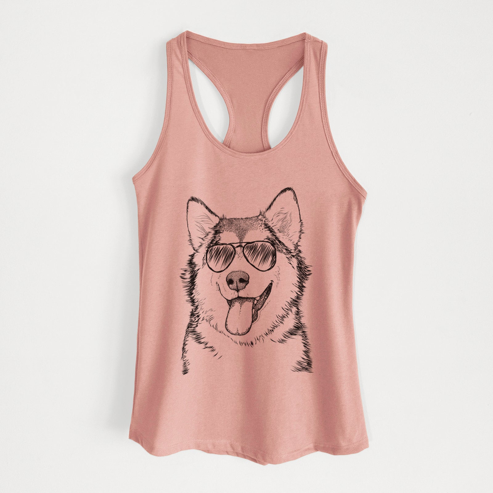 Hand-drawn sketch of Kaskae the Alaskan Malamute wearing aviator sunglasses on a Desert Pink Women's racerback tanktop
