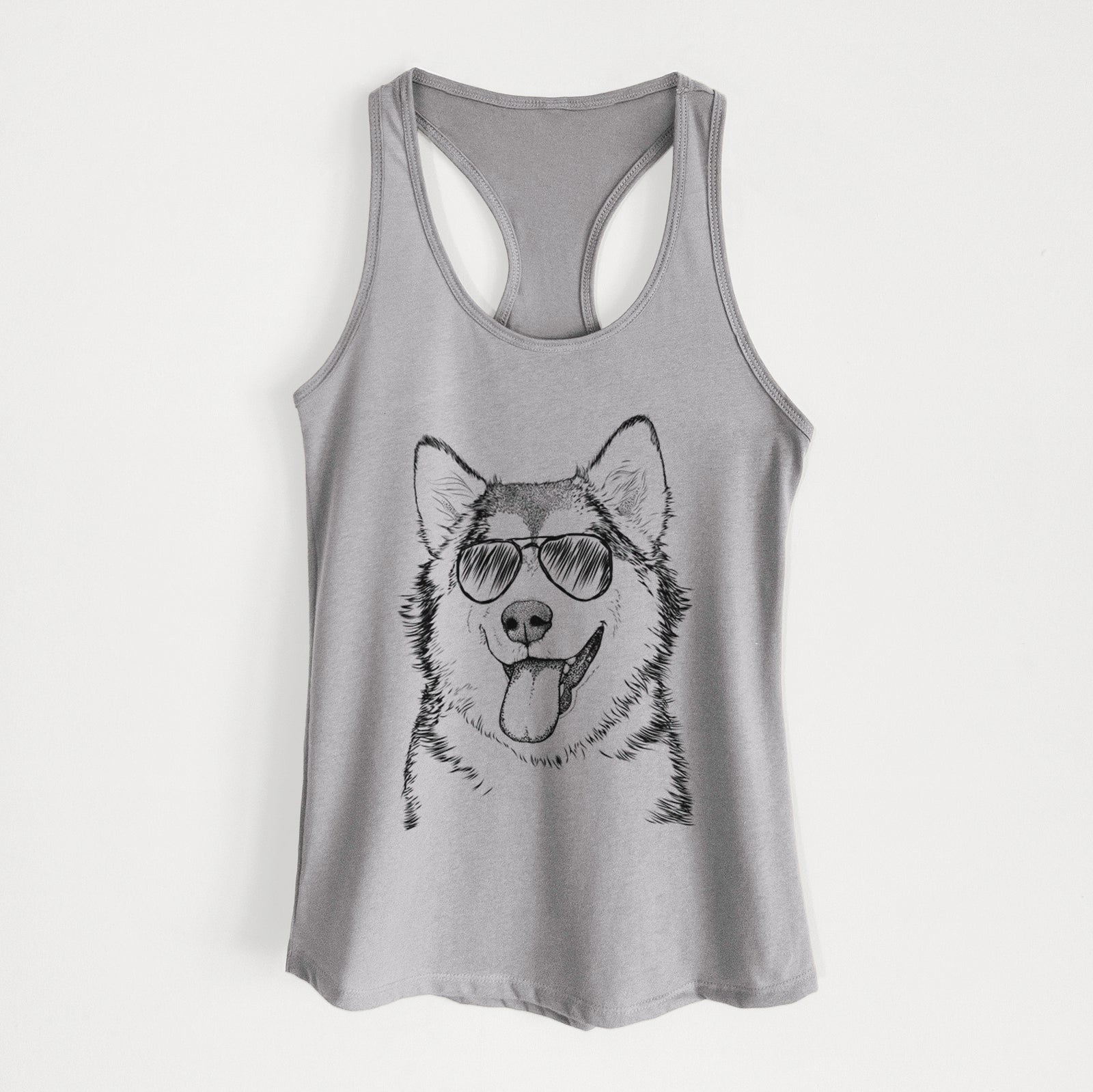 Hand-drawn sketch of Kaskae the Alaskan Malamute wearing aviator sunglasses on a Heather Grey Women's racerback tanktop