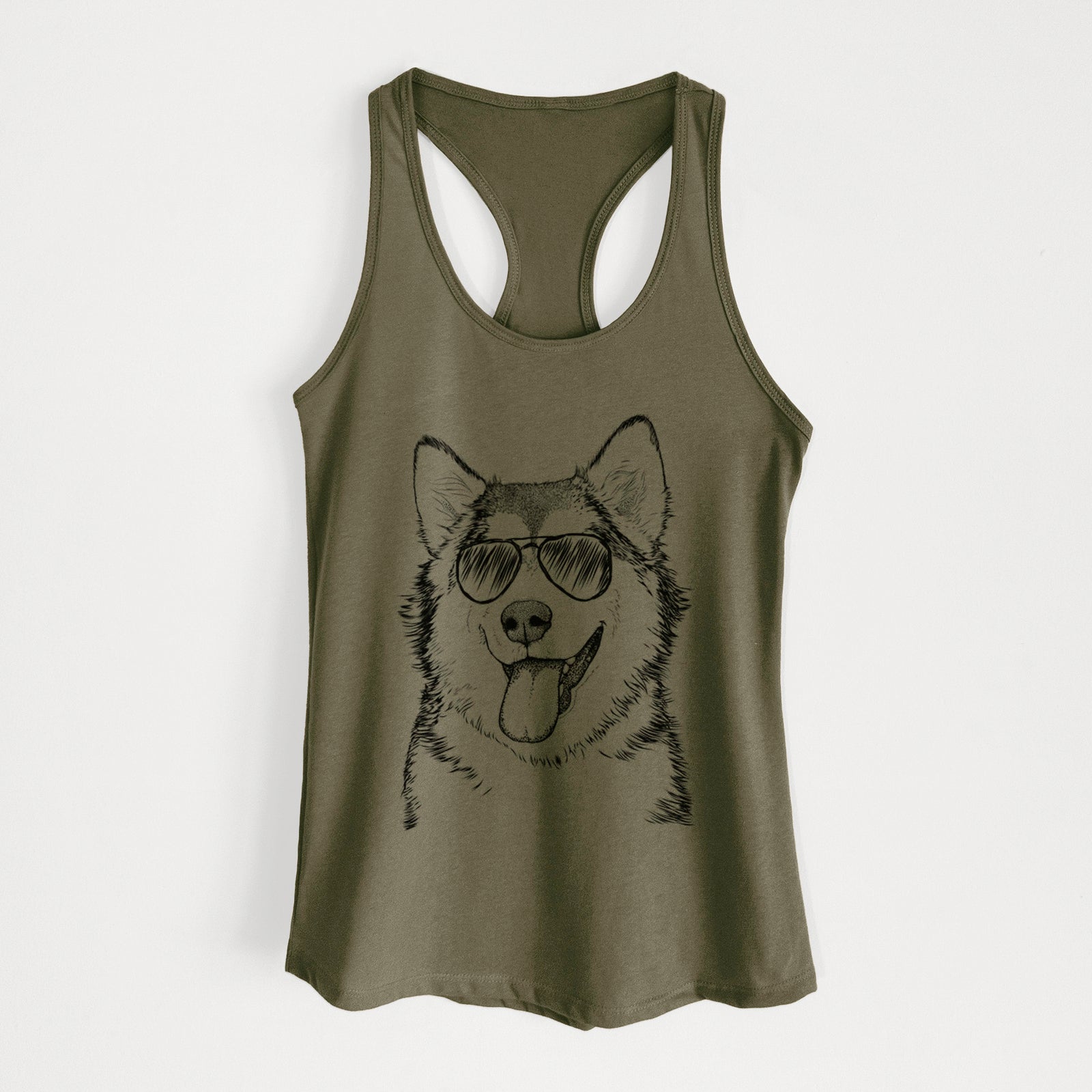 Hand-drawn sketch of Kaskae the Alaskan Malamute wearing aviator sunglasses on a Military Green Women's racerback tanktop