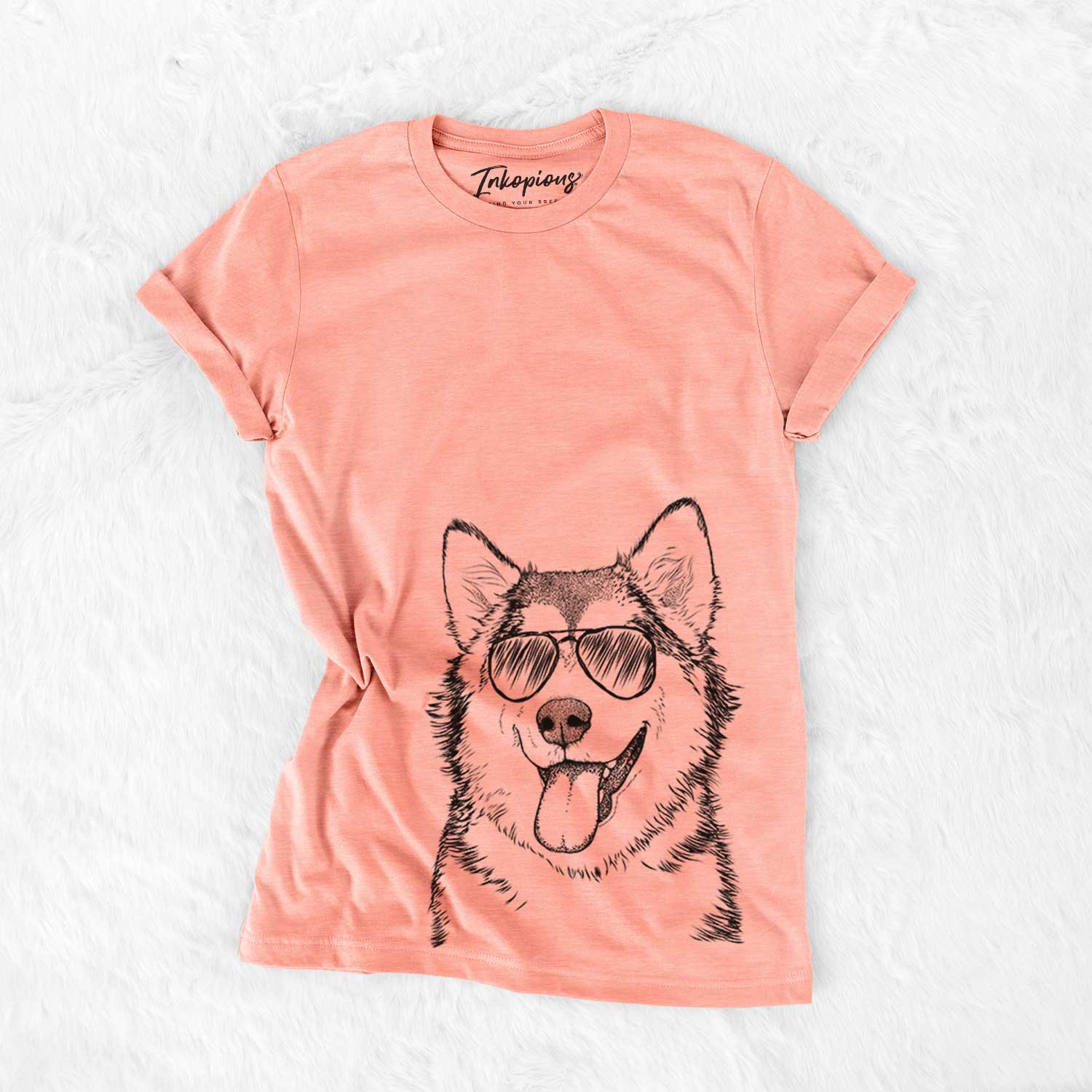 Hand-drawn sketch of Kaskae the Malamute wearing aviator sunglasses on a Sunset Bella Canvas Unisex Crewneck