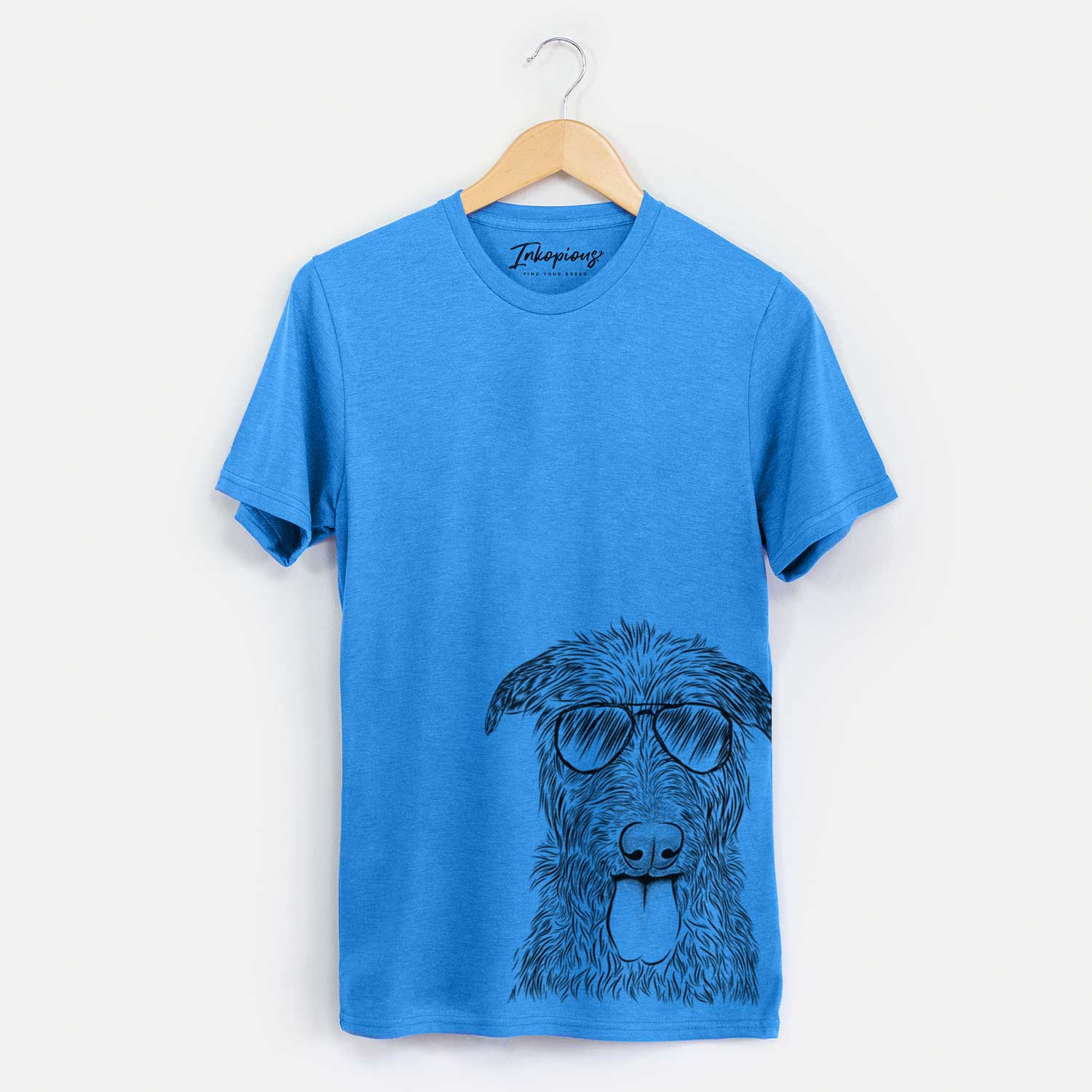 Hand-drawn sketch of Keeva the Irish Wolfhound wearing aviator sunglasses on a Blue Unisex crewneck