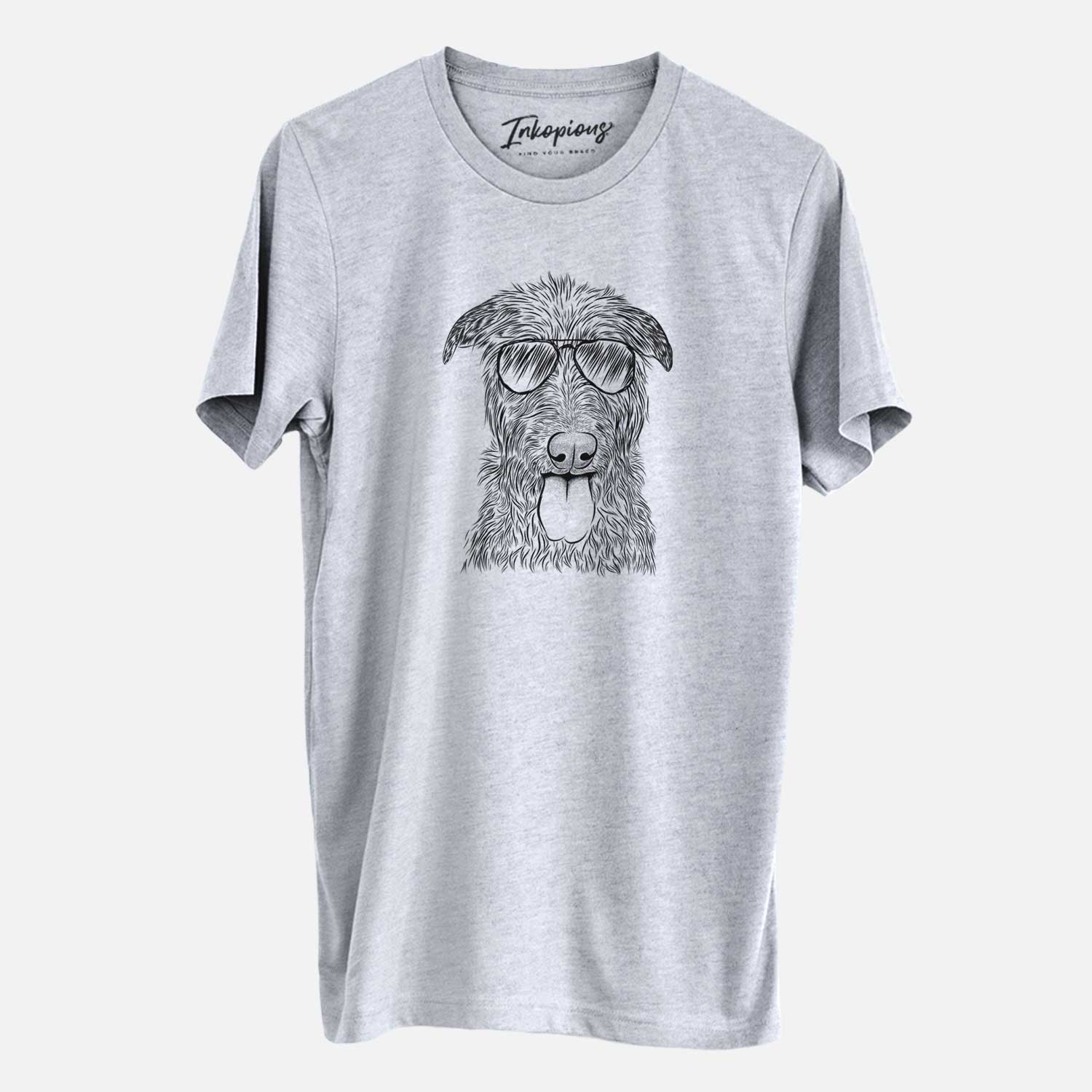 Hand-drawn sketch of Keeva the Irish Wolfhound wearing aviator sunglasses on a Grey Unisex crewneck