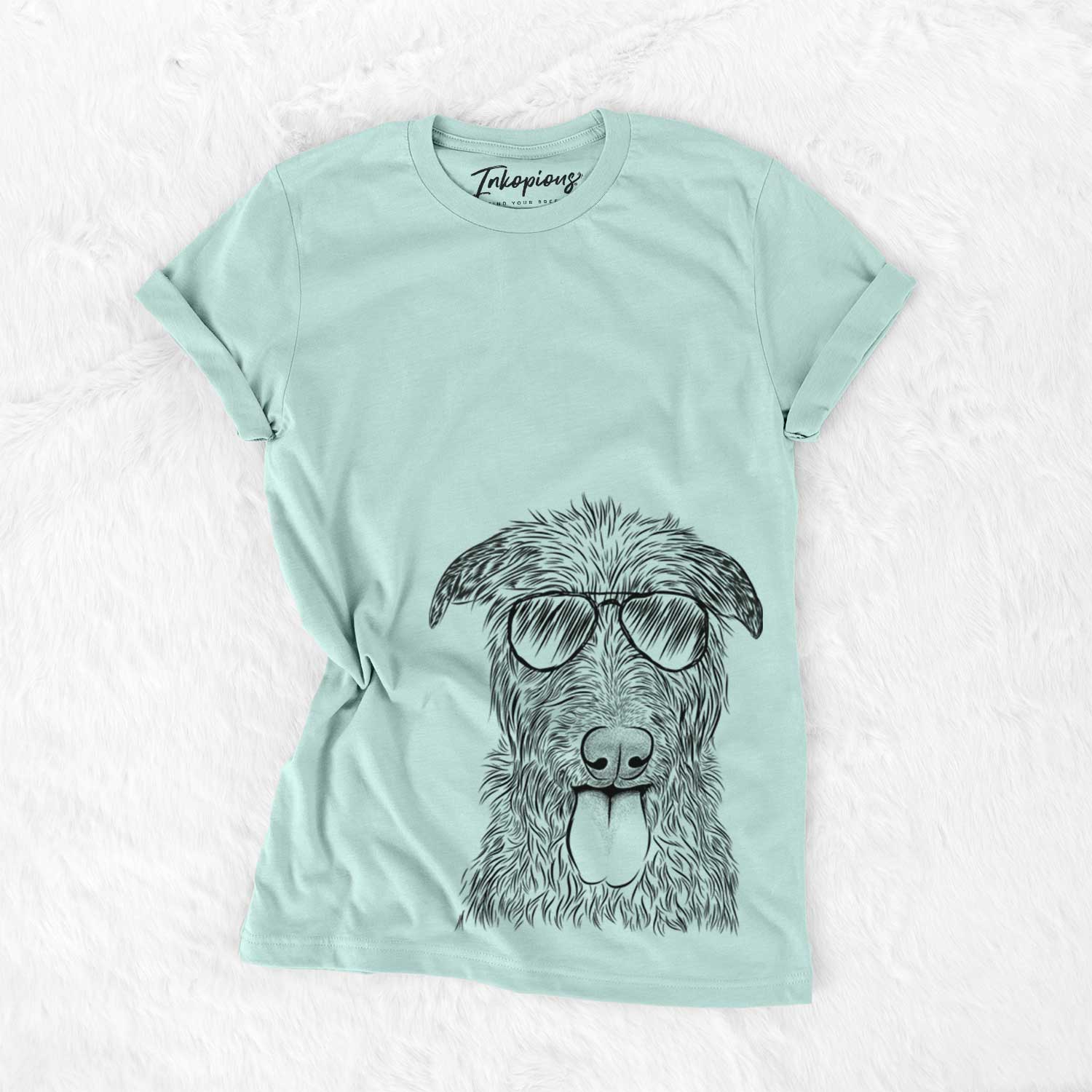 Hand-drawn sketch of Keeva the Irish Wolfhound wearing aviator sunglasses on a Heather Sage Unisex crewneck