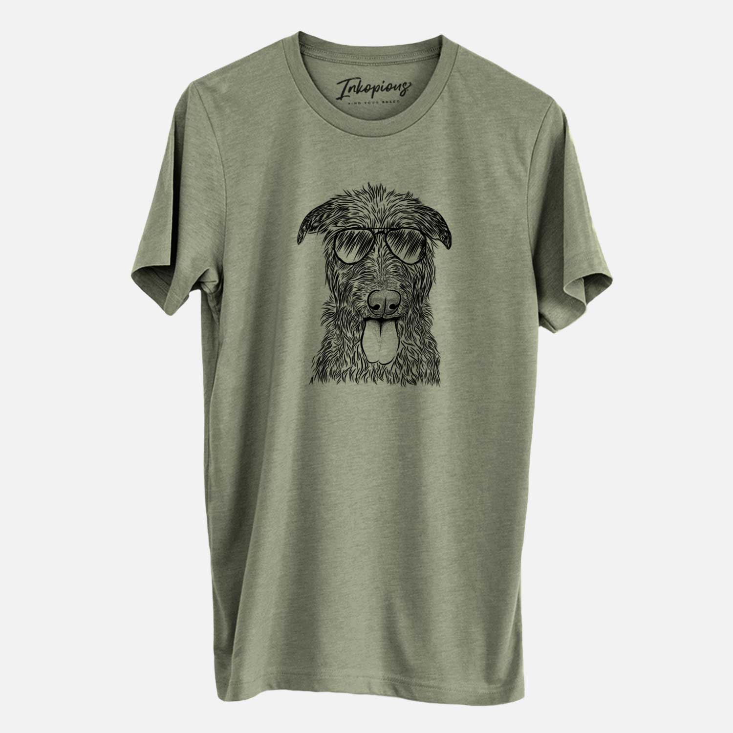 Hand-drawn sketch of Keeva the Irish Wolfhound wearing aviator sunglasses on an Olive Unisex crewneck