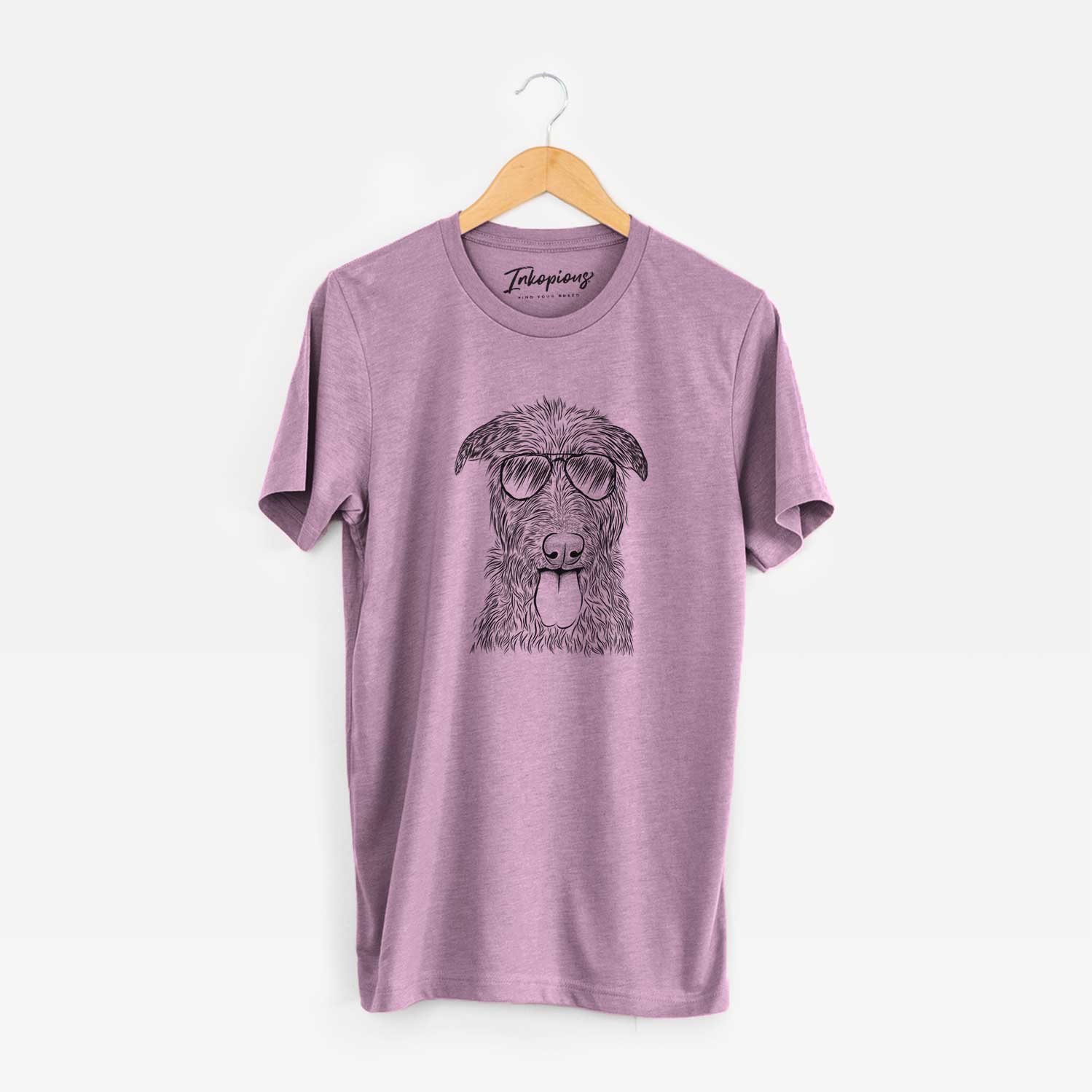 Hand-drawn sketch of Keeva the Irish Wolfhound wearing aviator sunglasses on an Orchid Unisex crewneck