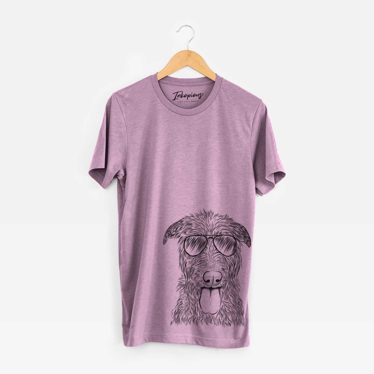 Hand-drawn sketch of Keeva the Irish Wolfhound wearing aviator sunglasses on an Orchid Unisex crewneck