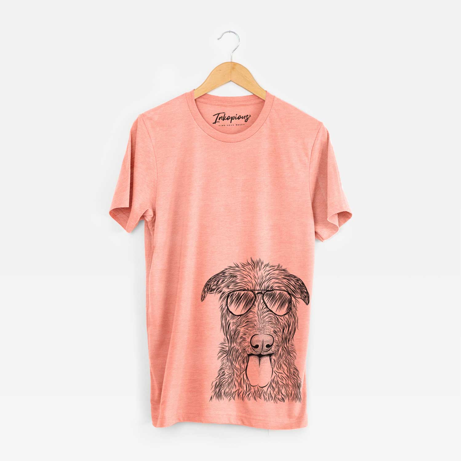 Hand-drawn sketch of Keeva the Irish Wolfhound wearing aviator sunglasses on a Sunset Unisex crewneck