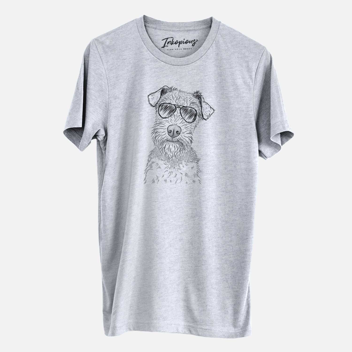Hand-drawn sketch of Kiara the Welsh Terrier wearing aviator sunglasses on a Grey Unisex crewneck