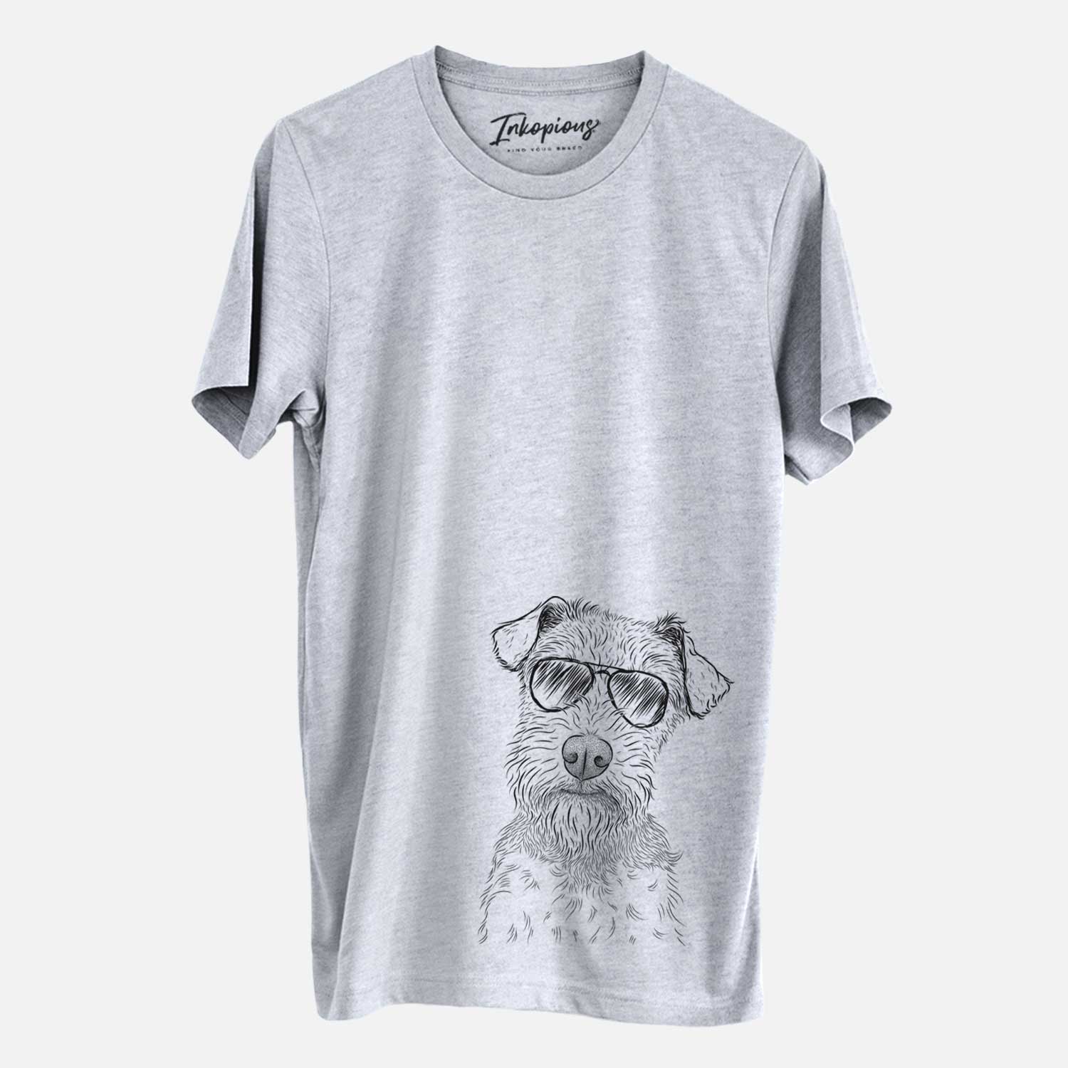 Hand-drawn sketch of Kiara the Welsh Terrier wearing aviator sunglasses on a Grey Unisex crewneck