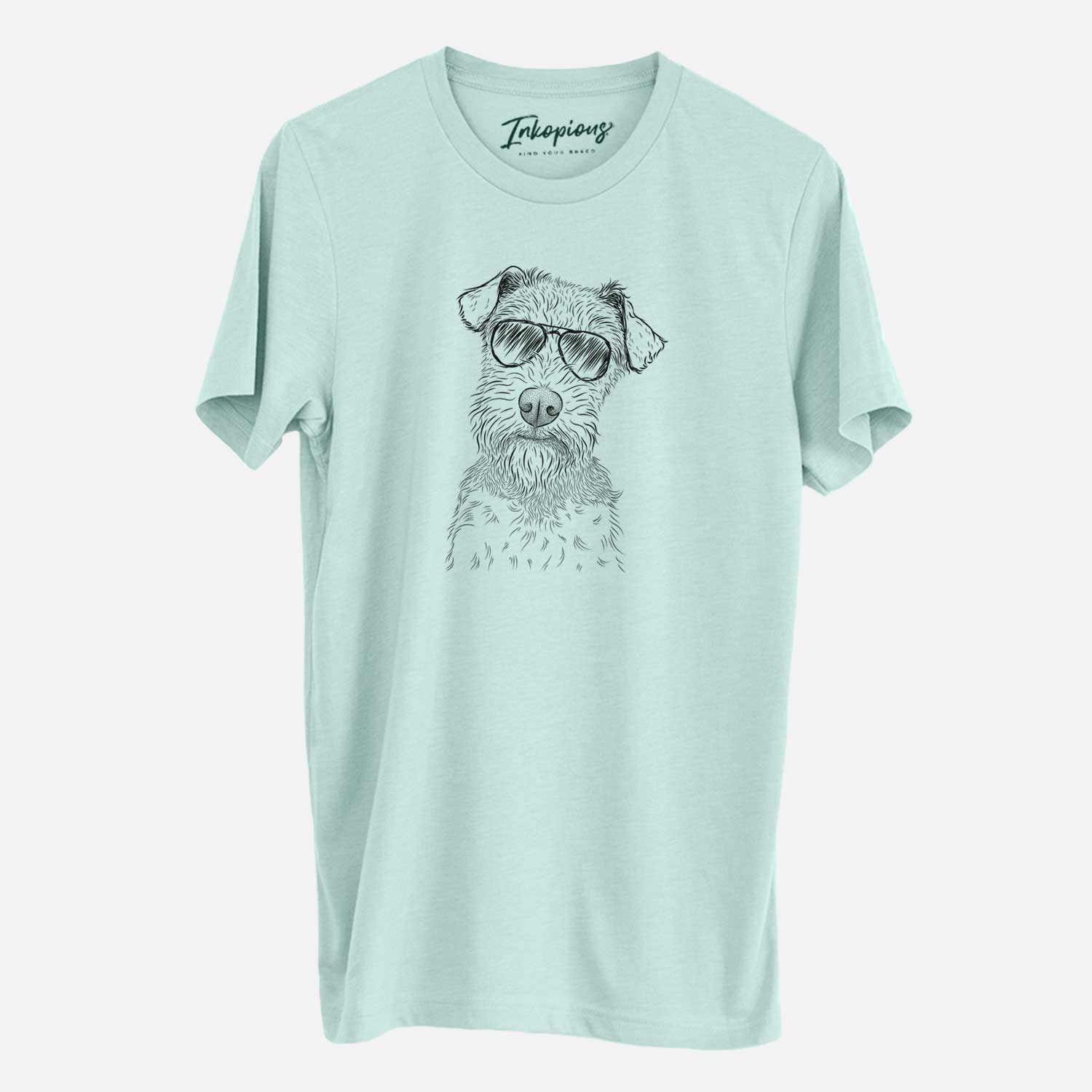 Hand-drawn sketch of Kiara the Welsh Terrier wearing aviator sunglasses on a Heather Sage Unisex crewneck
