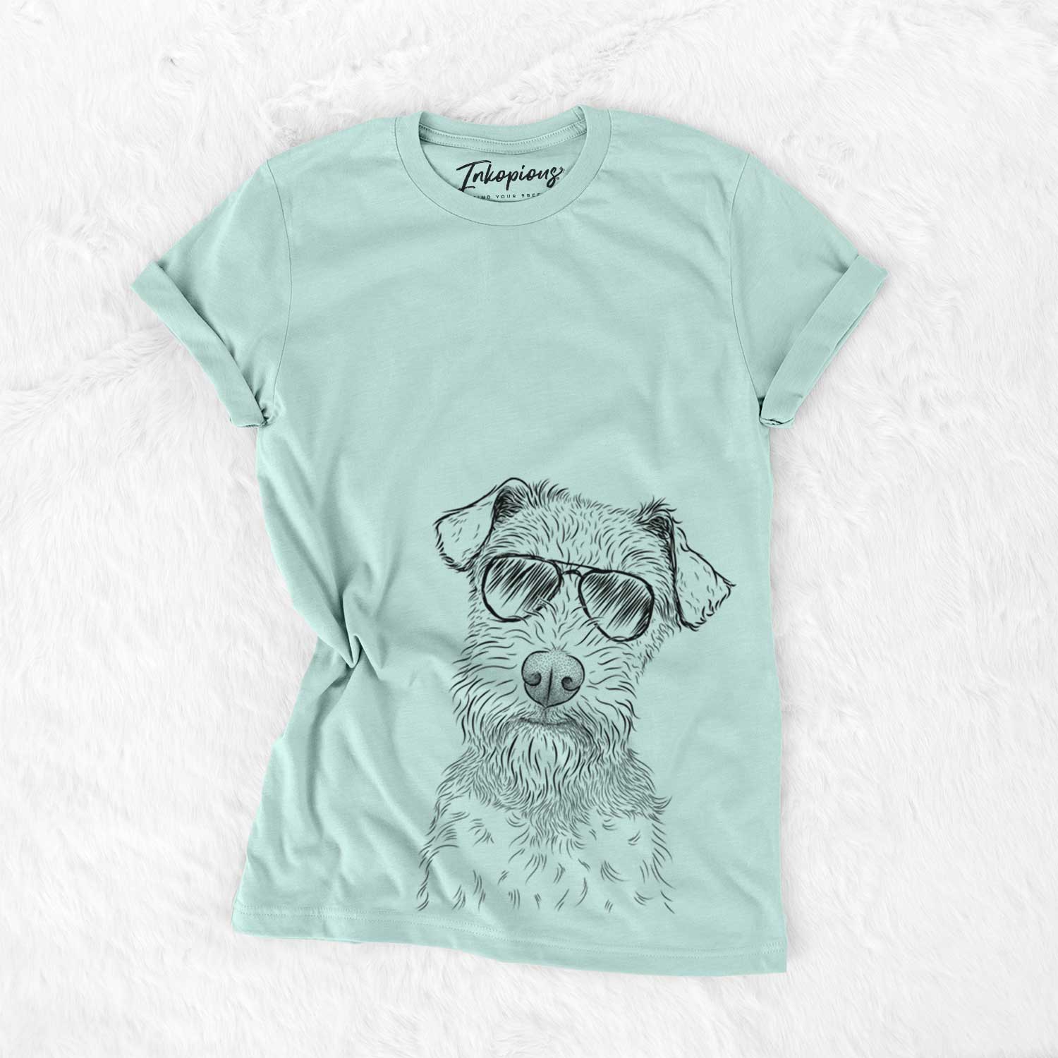 Hand-drawn sketch of Kiara the Welsh Terrier wearing aviator sunglasses on a Heather Sage Unisex crewneck