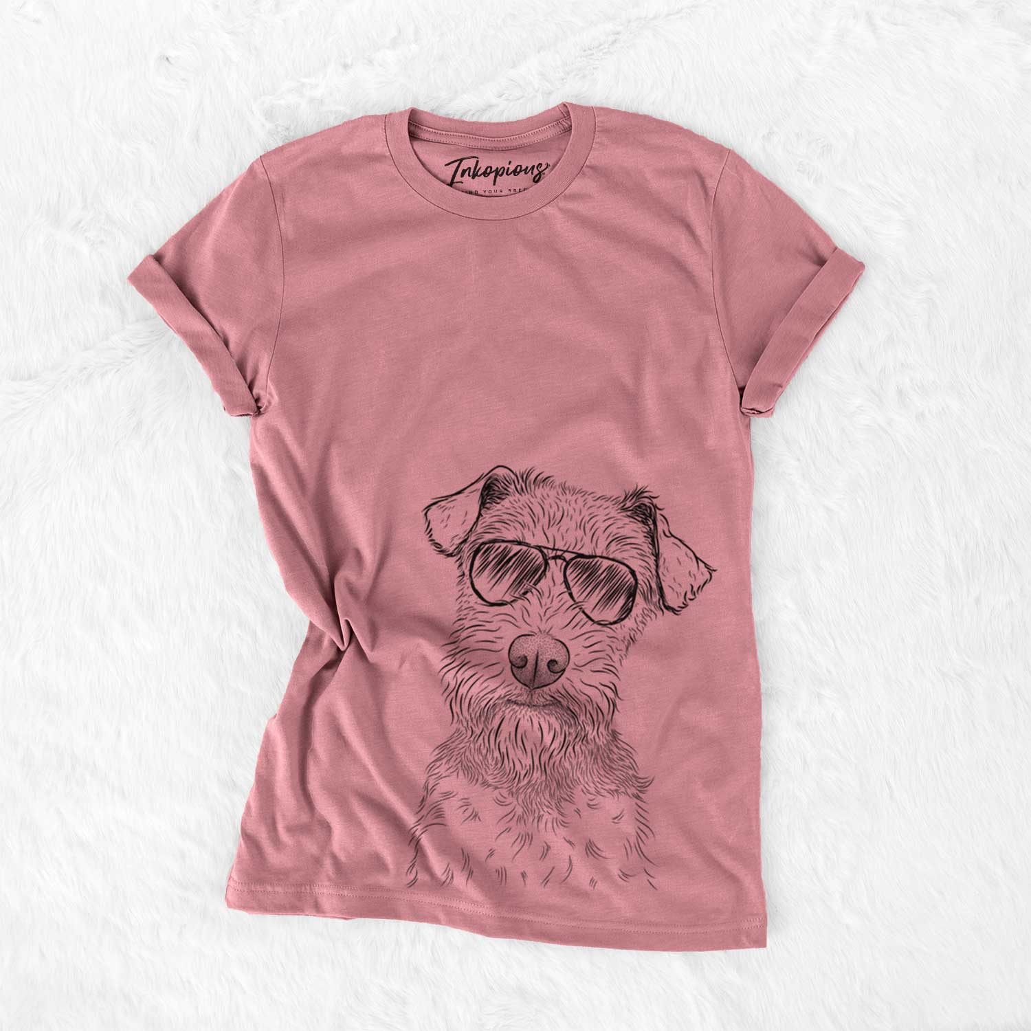 Hand-drawn sketch of Kiara the Welsh Terrier wearing aviator sunglasses on a Mauve Unisex crewneck
