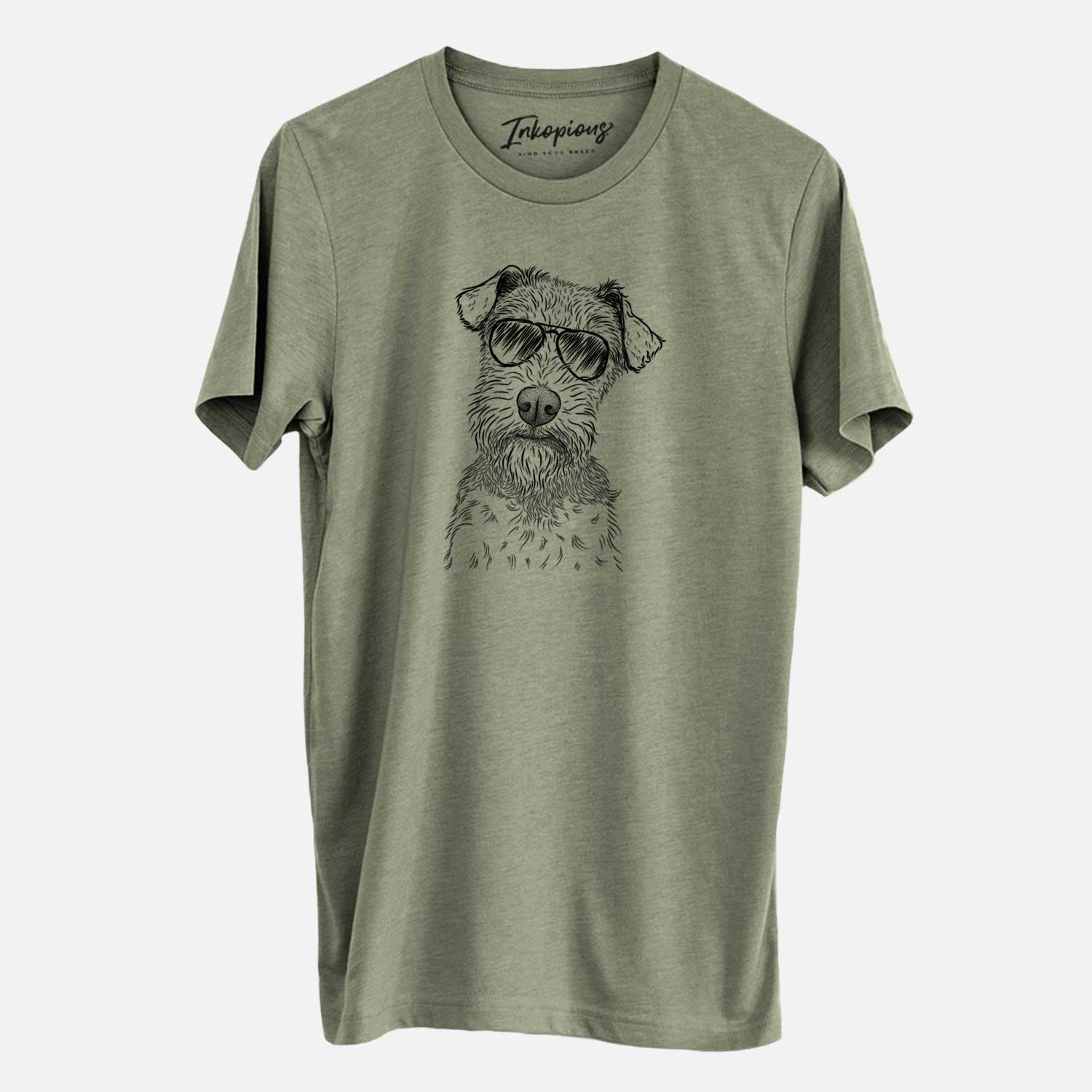 Hand-drawn sketch of Kiara the Welsh Terrier wearing aviator sunglasses on an Olive Unisex crewneck