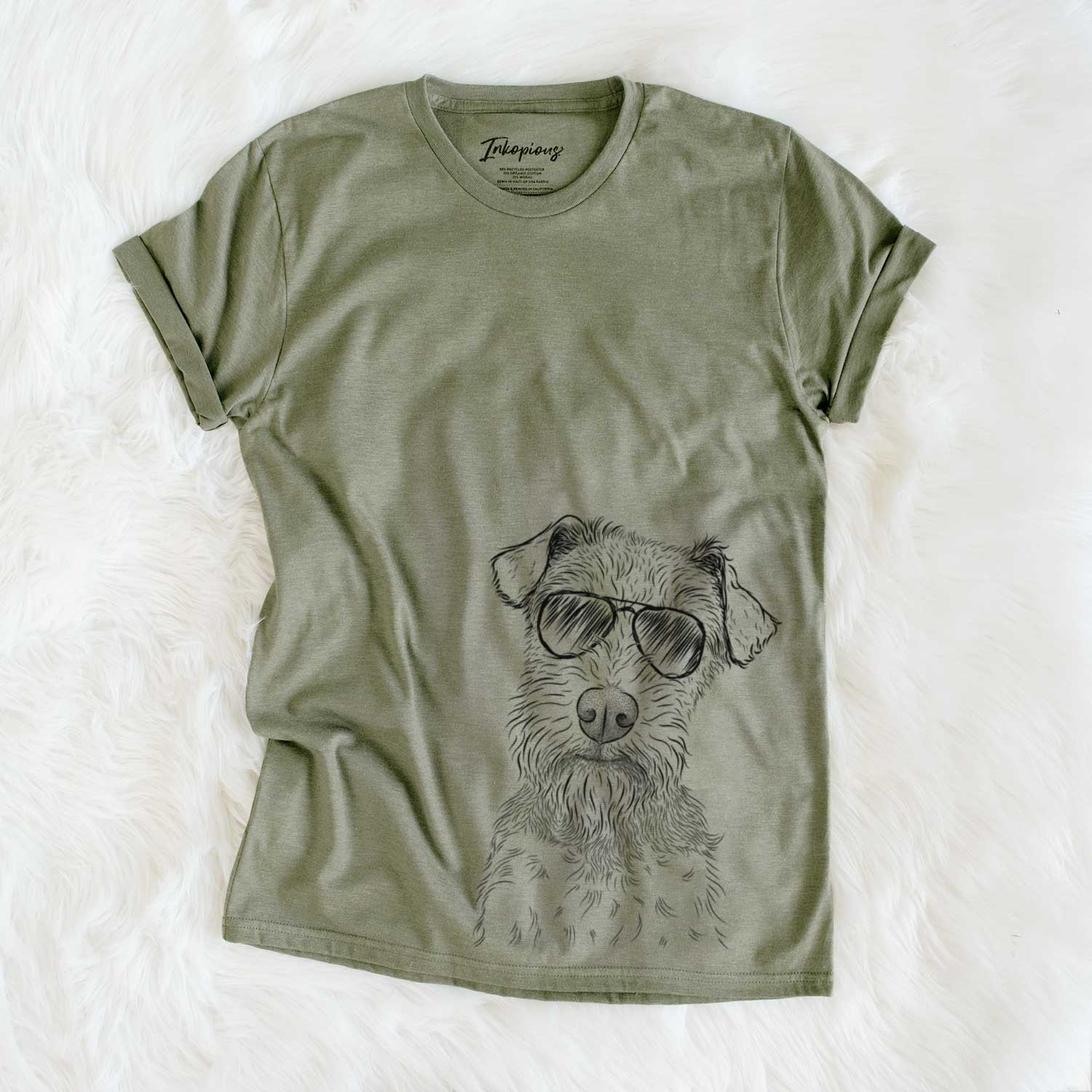 Hand-drawn sketch of Kiara the Welsh Terrier wearing aviator sunglasses on an Olive Unisex crewneck