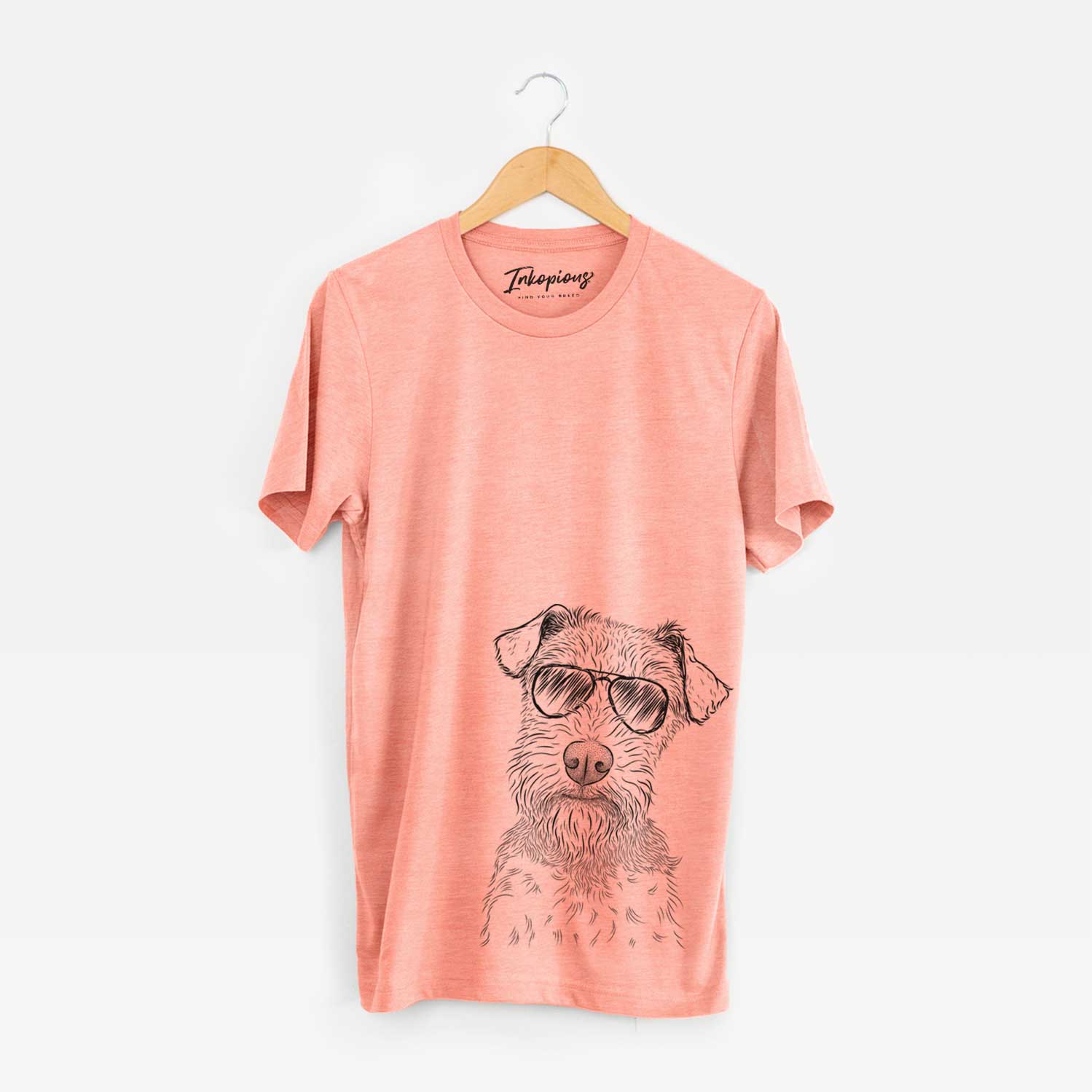 Hand-drawn sketch of Kiara the Welsh Terrier wearing aviator sunglasses on a Sunset Unisex crewneck
