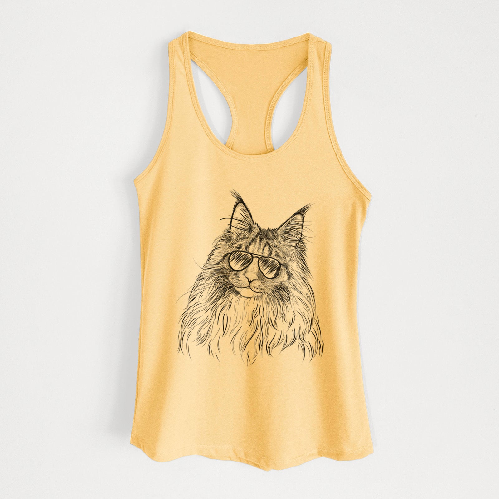 Hand-drawn sketch of Kiki the Maine Coon Cat wearing aviator sunglasses on a Banana Cream Women's racerback tanktop