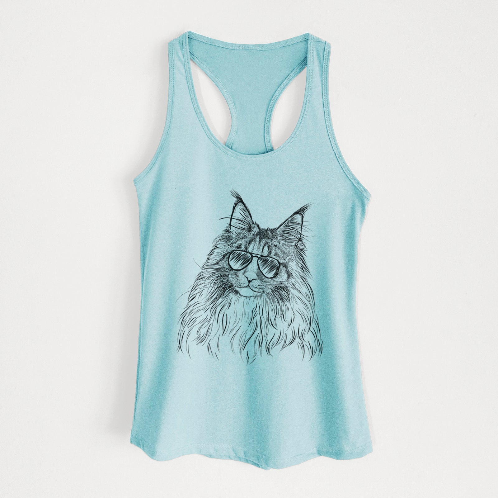 Hand-drawn sketch of Kiki the Maine Coon Cat wearing aviator sunglasses on a Cancun Blue Women's racerback tanktop