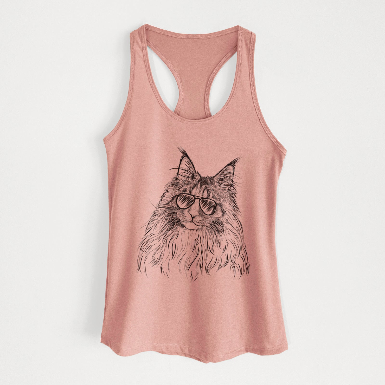 Hand-drawn sketch of Kiki the Maine Coon Cat wearing aviator sunglasses on a Desert Pink Women's racerback tanktop