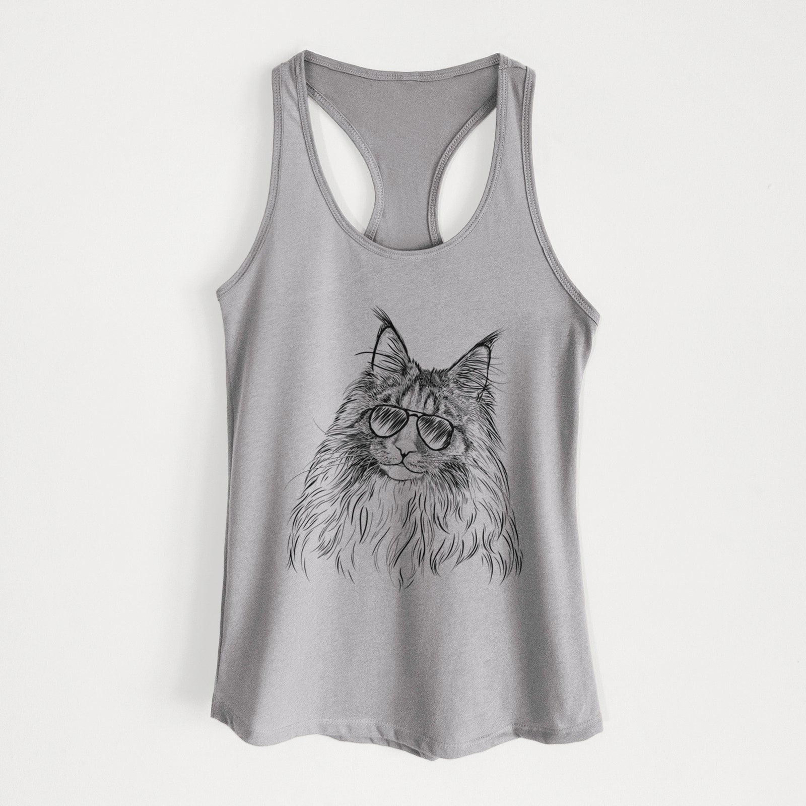 Hand-drawn sketch of Kiki the Maine Coon Cat wearing aviator sunglasses on a Heather Grey Women's racerback tanktop