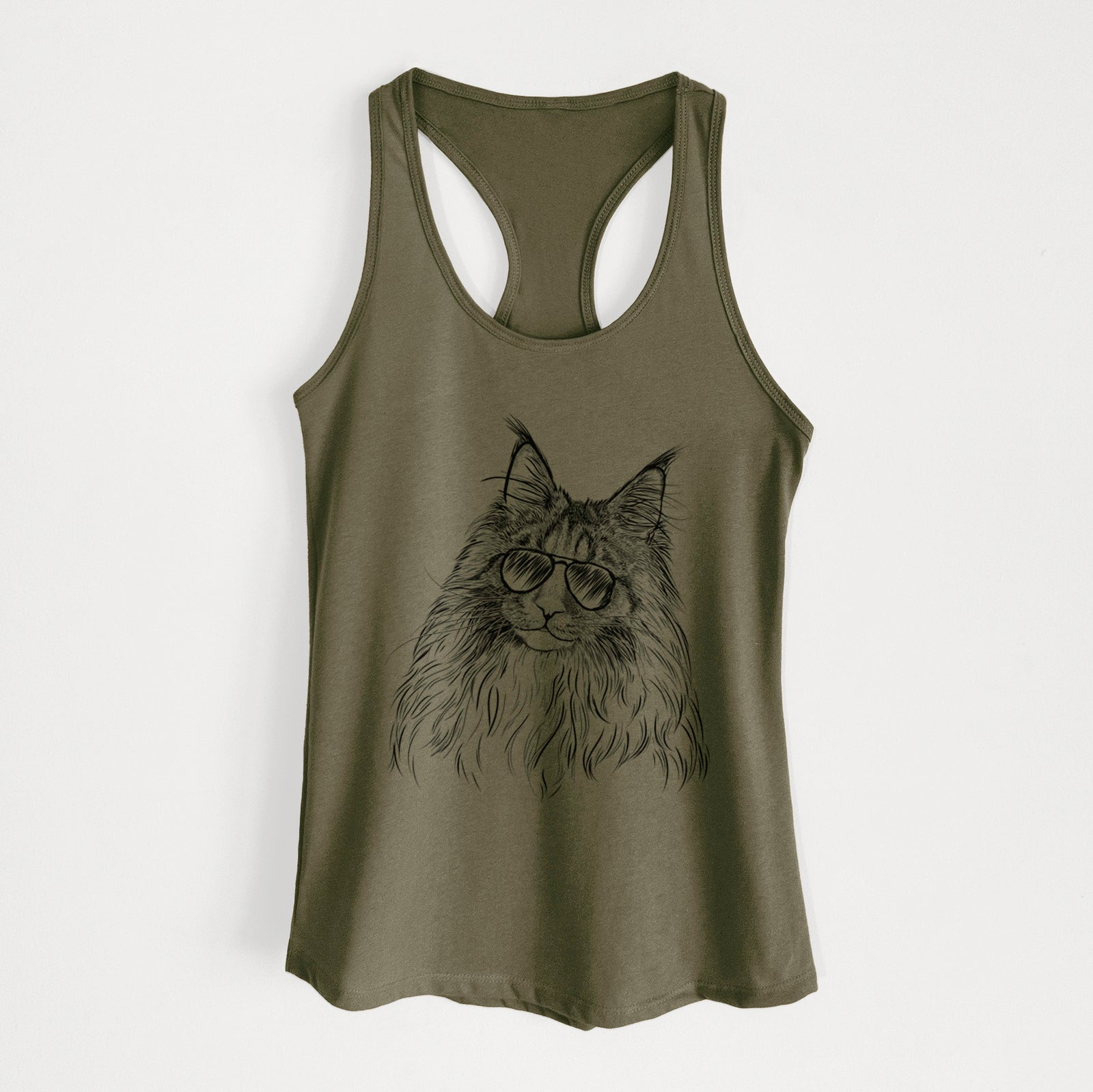 Hand-drawn sketch of Kiki the Maine Coon Cat wearing aviator sunglasses on a Military Green Women's racerback tanktop