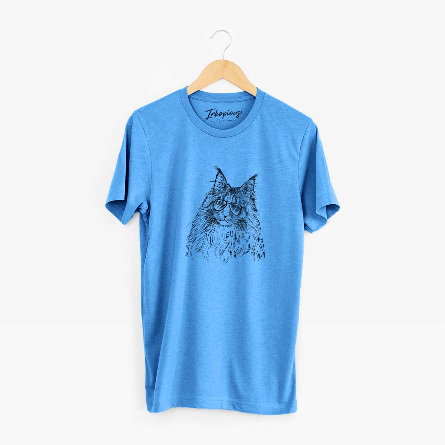 Hand-drawn sketch of Kiki the Maine Coon Cat wearing aviator sunglasses on a Blue Unisex crewneck