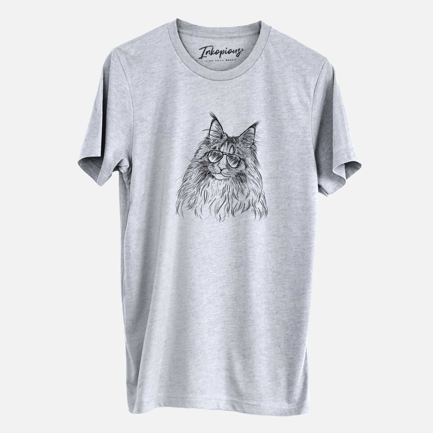 Hand-drawn sketch of Kiki the Maine Coon Cat wearing aviator sunglasses on a Grey Unisex crewneck