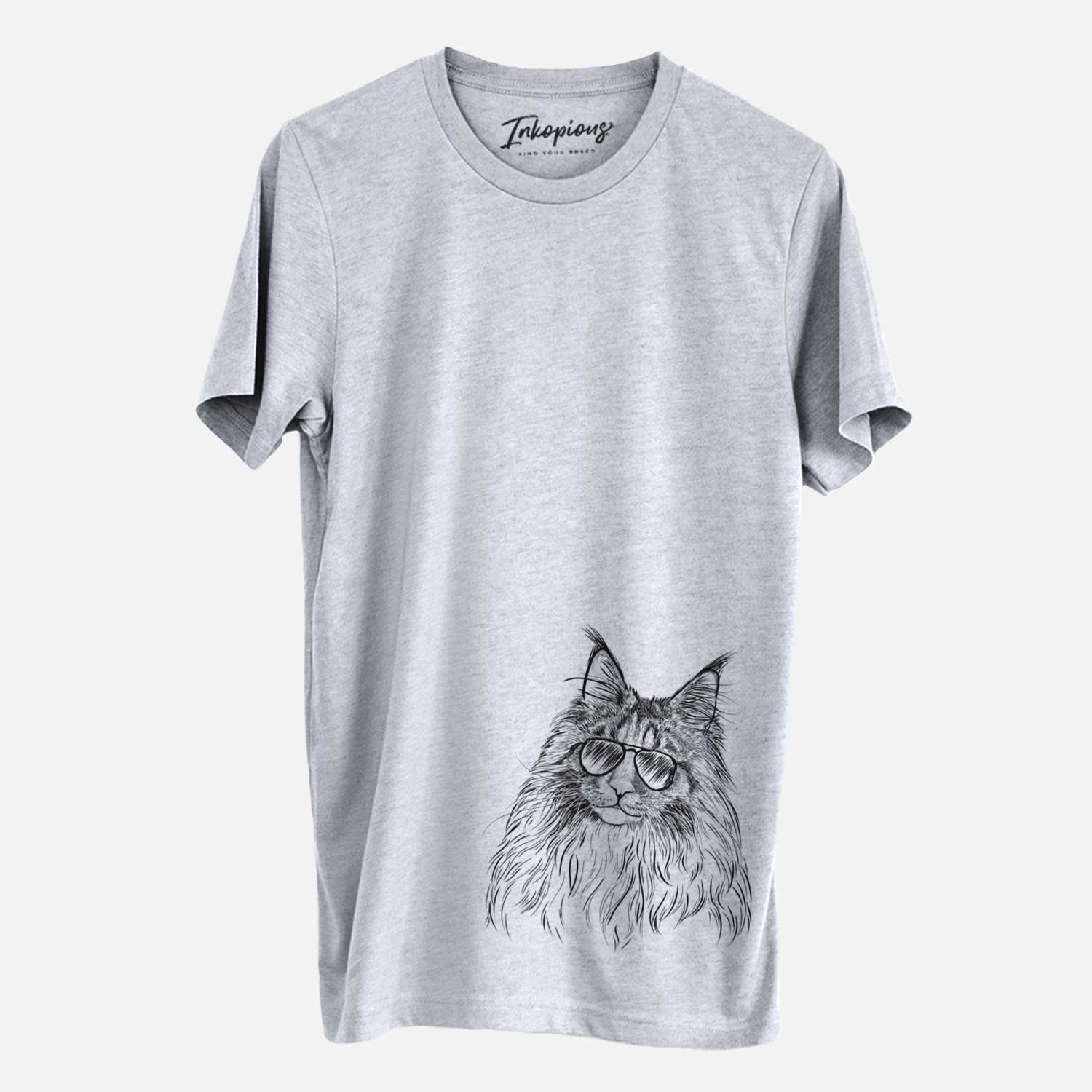 Hand-drawn sketch of Kiki the Maine Coon Cat wearing aviator sunglasses on a Grey Unisex crewneck