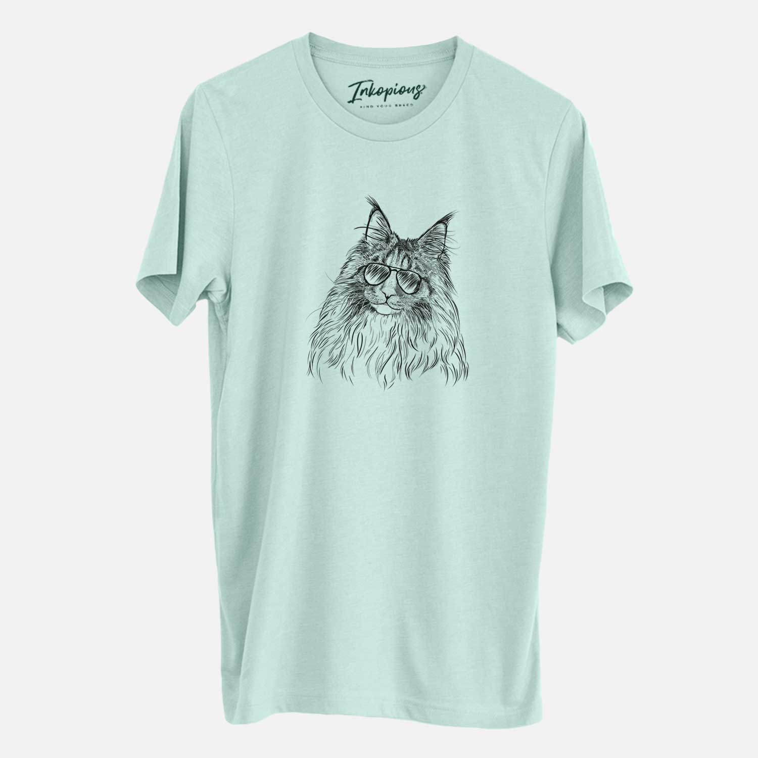 Hand-drawn sketch of Kiki the Maine Coon Cat wearing aviator sunglasses on a Heather Sage Unisex crewneck