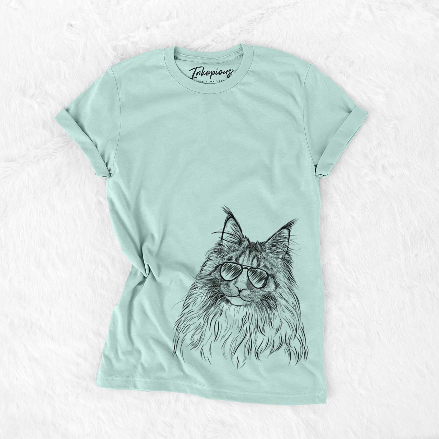 Hand-drawn sketch of Kiki the Maine Coon Cat wearing aviator sunglasses on a Heather Sage Unisex crewneck