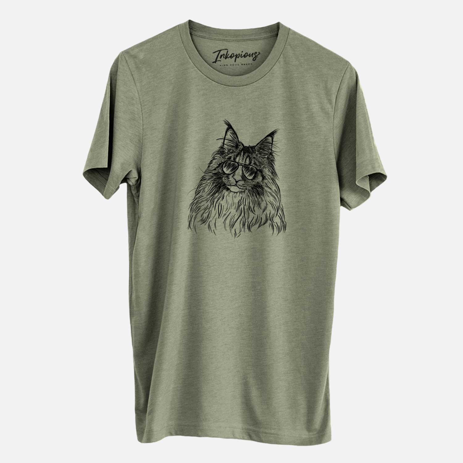 Hand-drawn sketch of Kiki the Maine Coon Cat wearing aviator sunglasses on an Olive Unisex crewneck