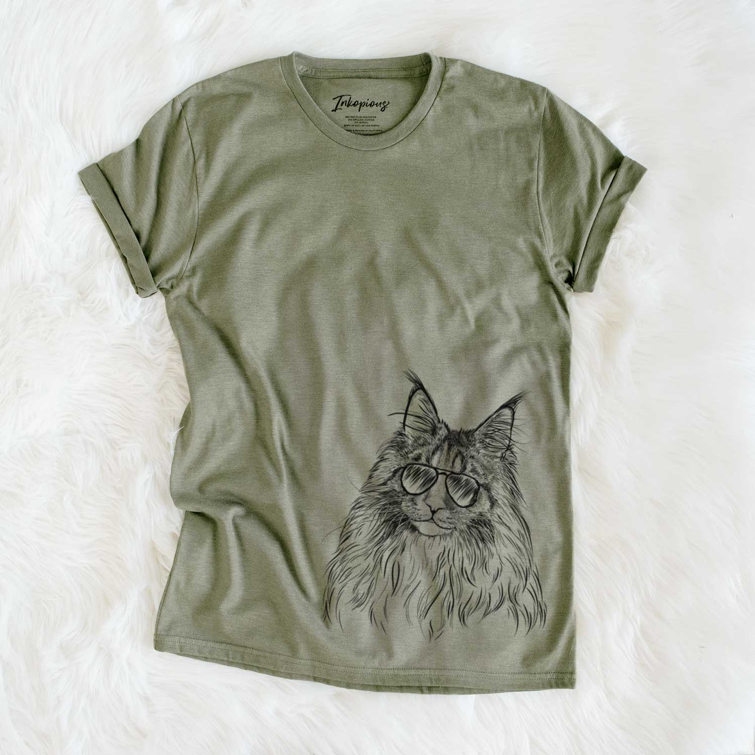 Hand-drawn sketch of Kiki the Maine Coon Cat wearing aviator sunglasses on an Olive Unisex crewneck