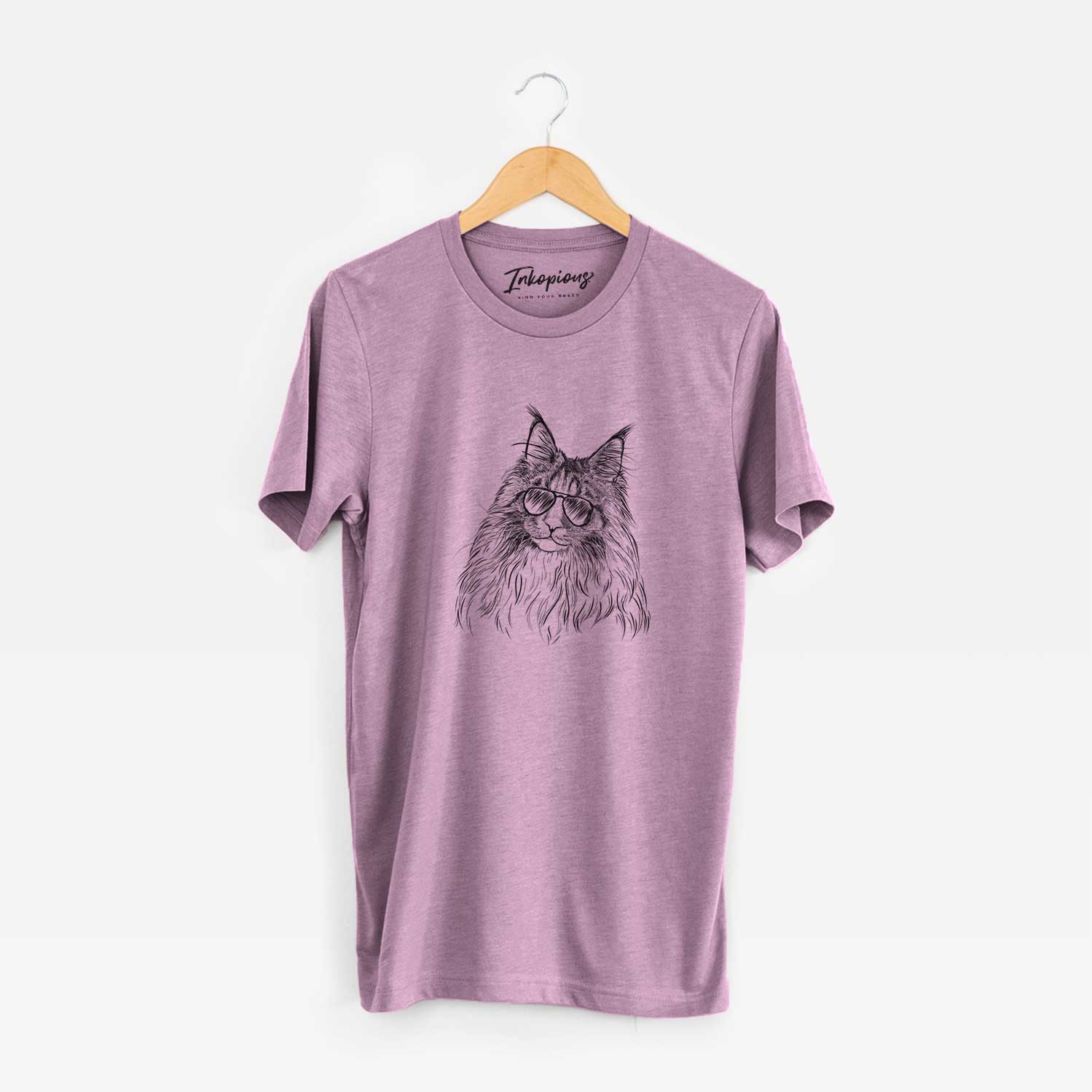 Hand-drawn sketch of Kiki the Maine Coon Cat wearing aviator sunglasses on an Orchid Unisex crewneck