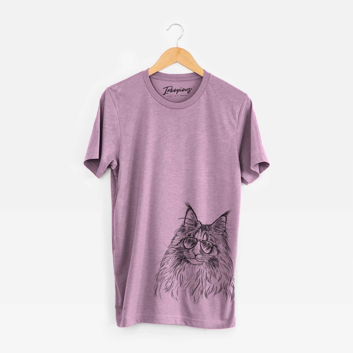 Hand-drawn sketch of Kiki the Maine Coon Cat wearing aviator sunglasses on an Orchid Unisex crewneck
