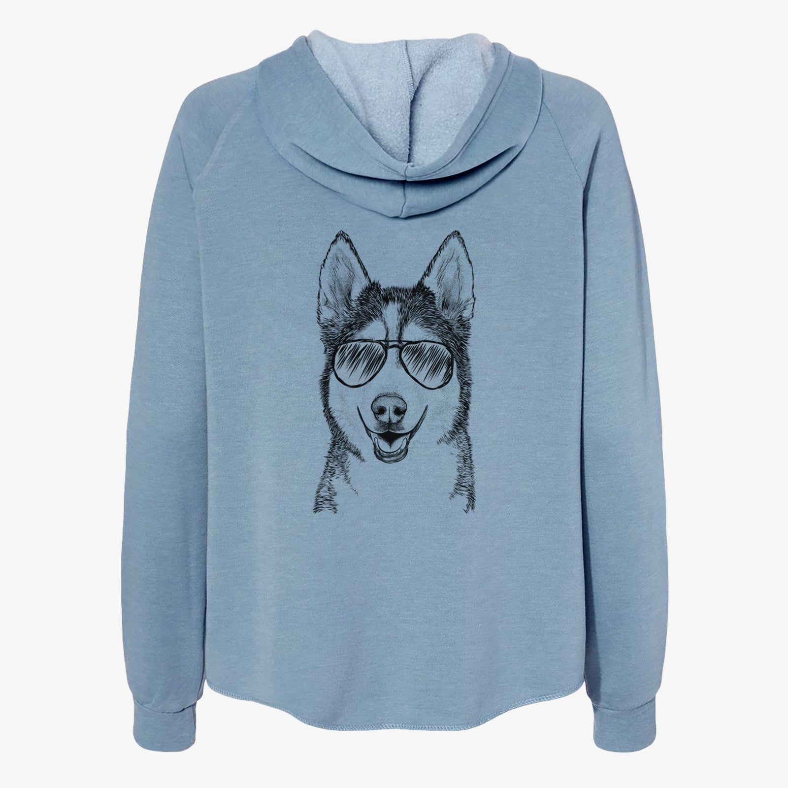 Hand-drawn sketch of Kira the Siberian Husky wearing aviator sunglasses on a Misty Blue Women's cali wave zip-up sweatshirt