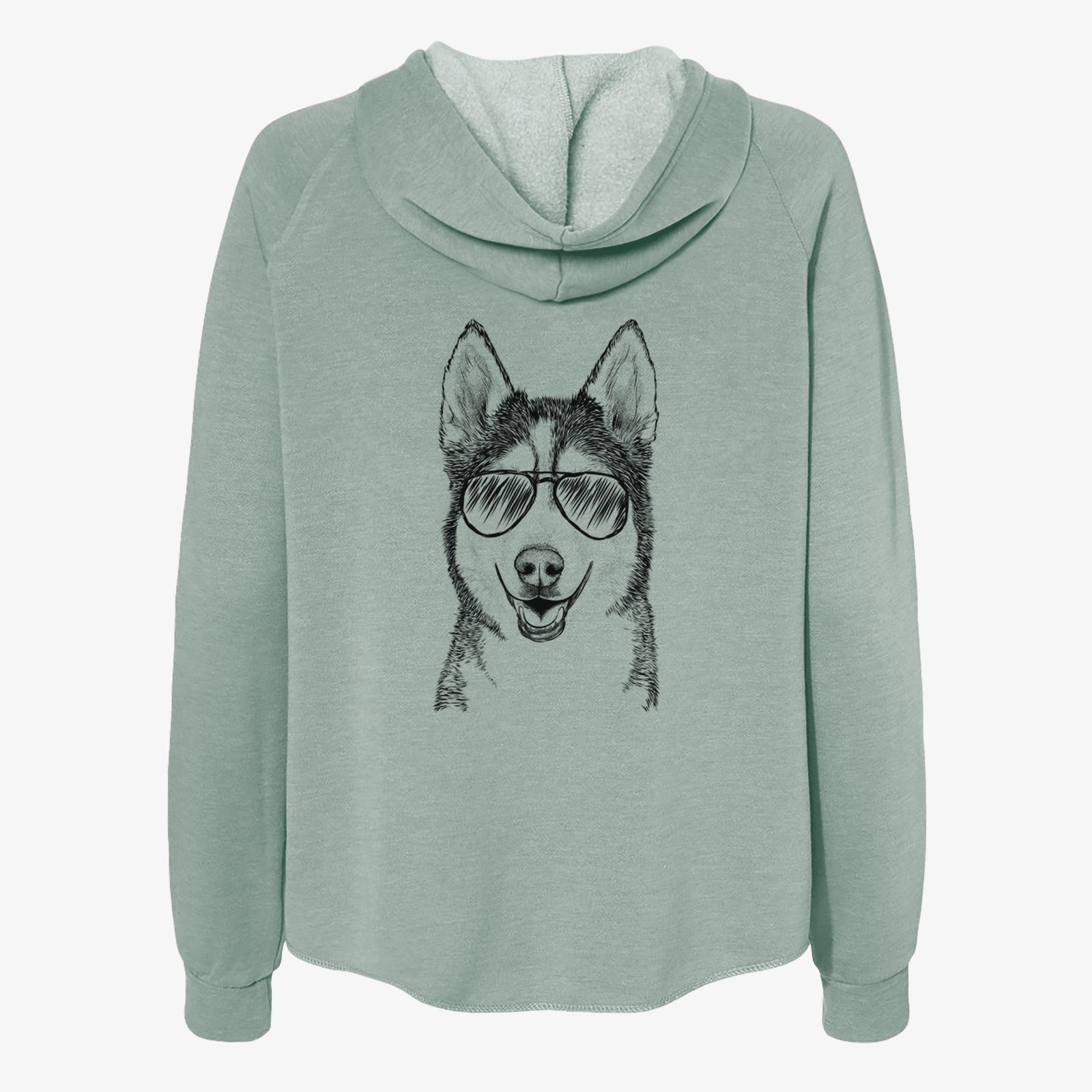 Hand-drawn sketch of Kira the Siberian Husky wearing aviator sunglasses on a Sage Women's cali wave zip-up sweatshirt