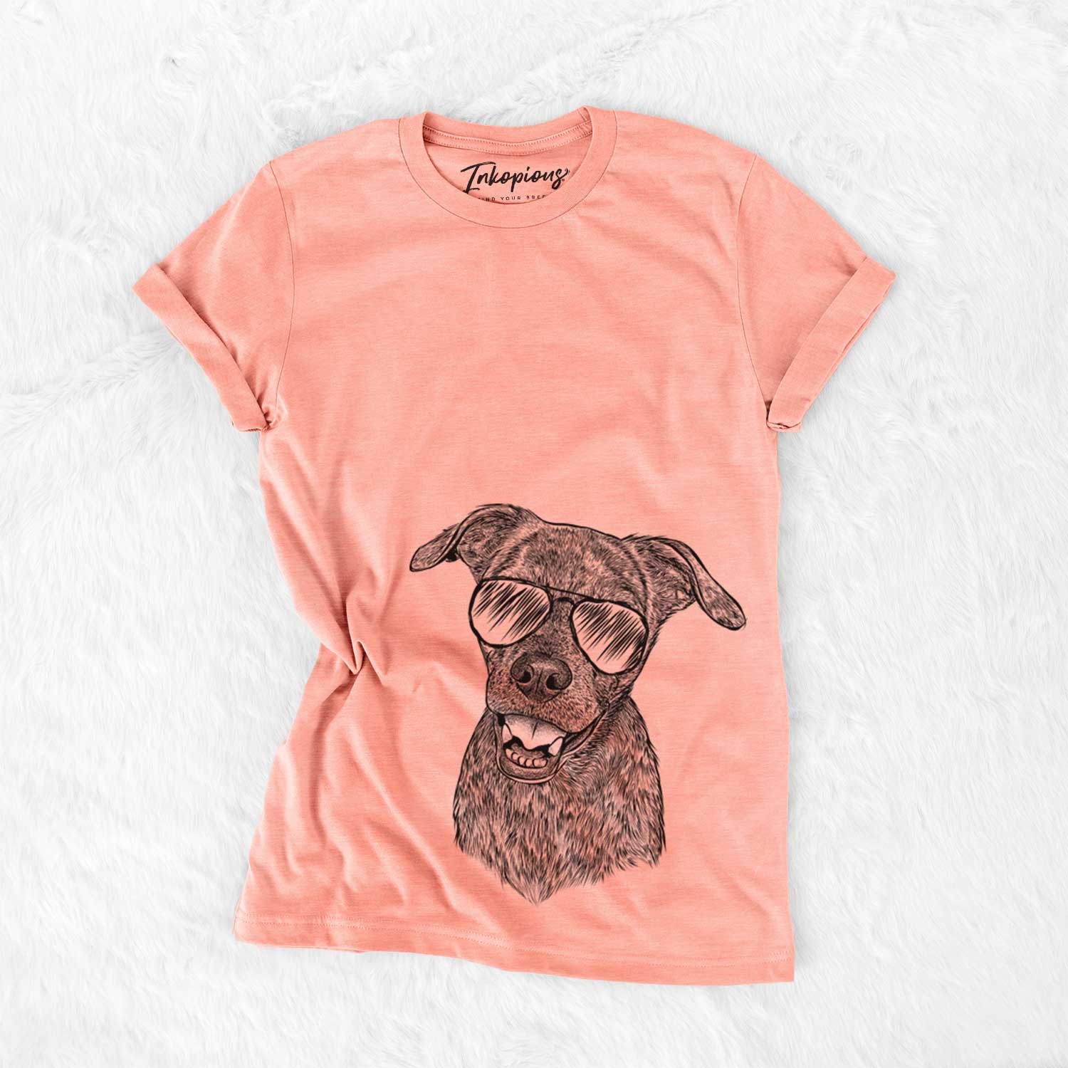 Hand-drawn sketch of Kirby the Mountain Cur Mix wearing aviator sunglasses on a Sunset Bella Canvas Unisex Crewneck