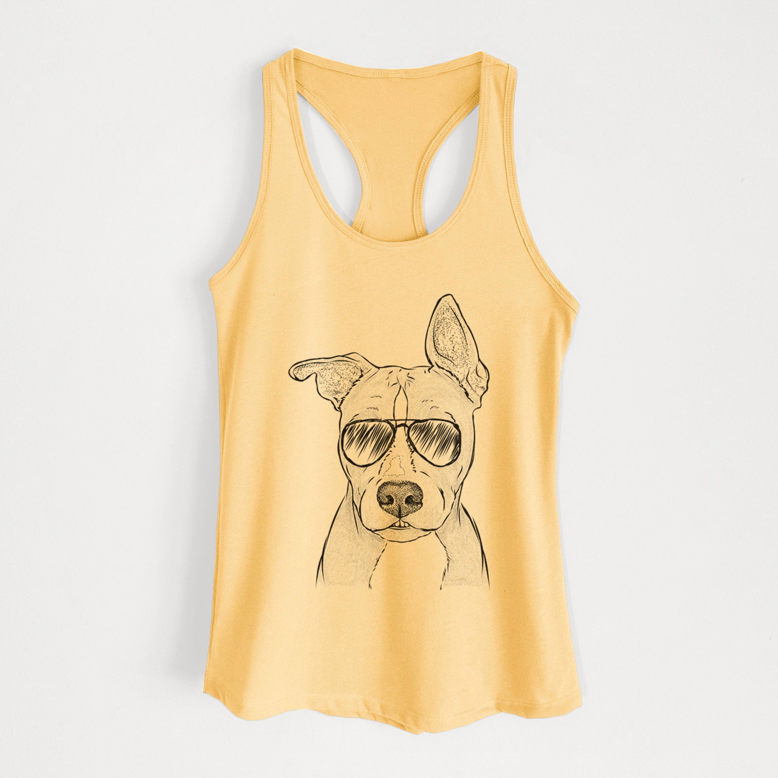 Hand-drawn sketch of Kisses the Pitbull wearing aviator sunglasses on a Banana Cream Women's racerback tanktop