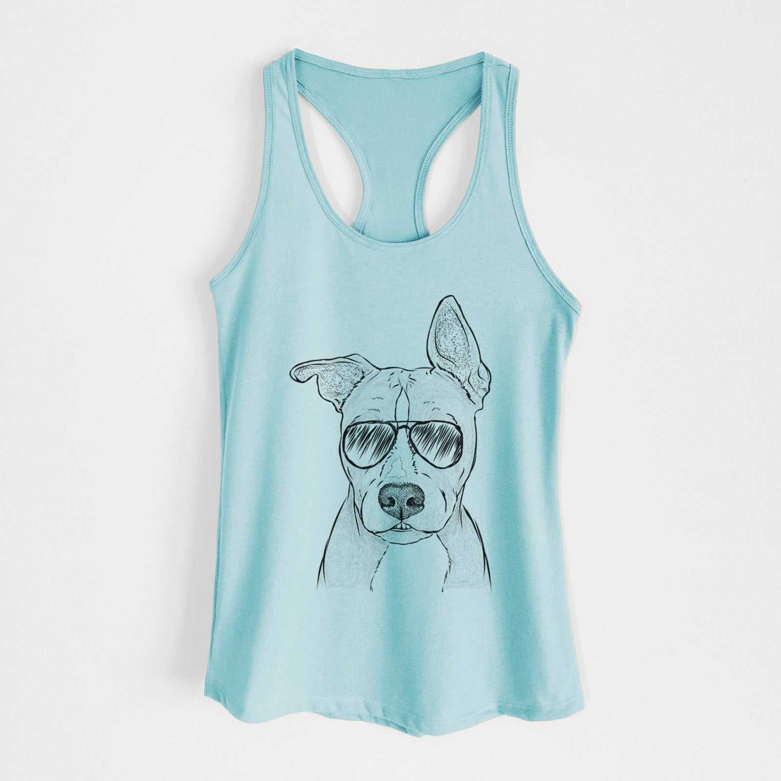 Hand-drawn sketch of Kisses the Pitbull wearing aviator sunglasses on a Cancun Blue Women's racerback tanktop