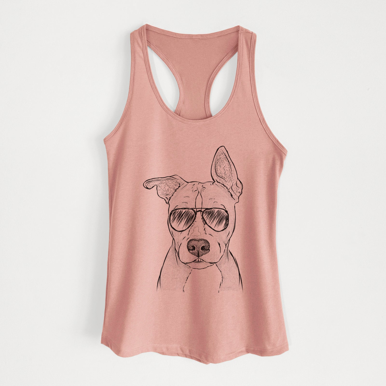 Hand-drawn sketch of Kisses the Pitbull wearing aviator sunglasses on a Desert Pink Women's racerback tanktop
