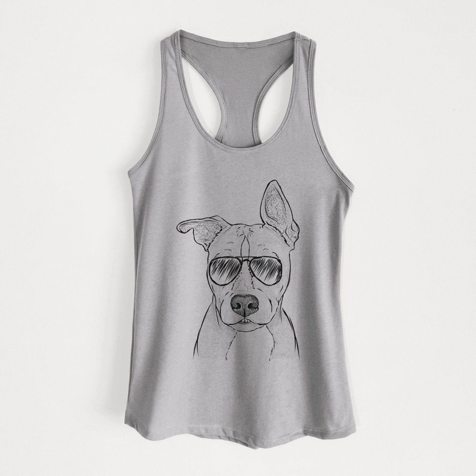 Hand-drawn sketch of Kisses the Pitbull wearing aviator sunglasses on a Heather Grey Women's racerback tanktop