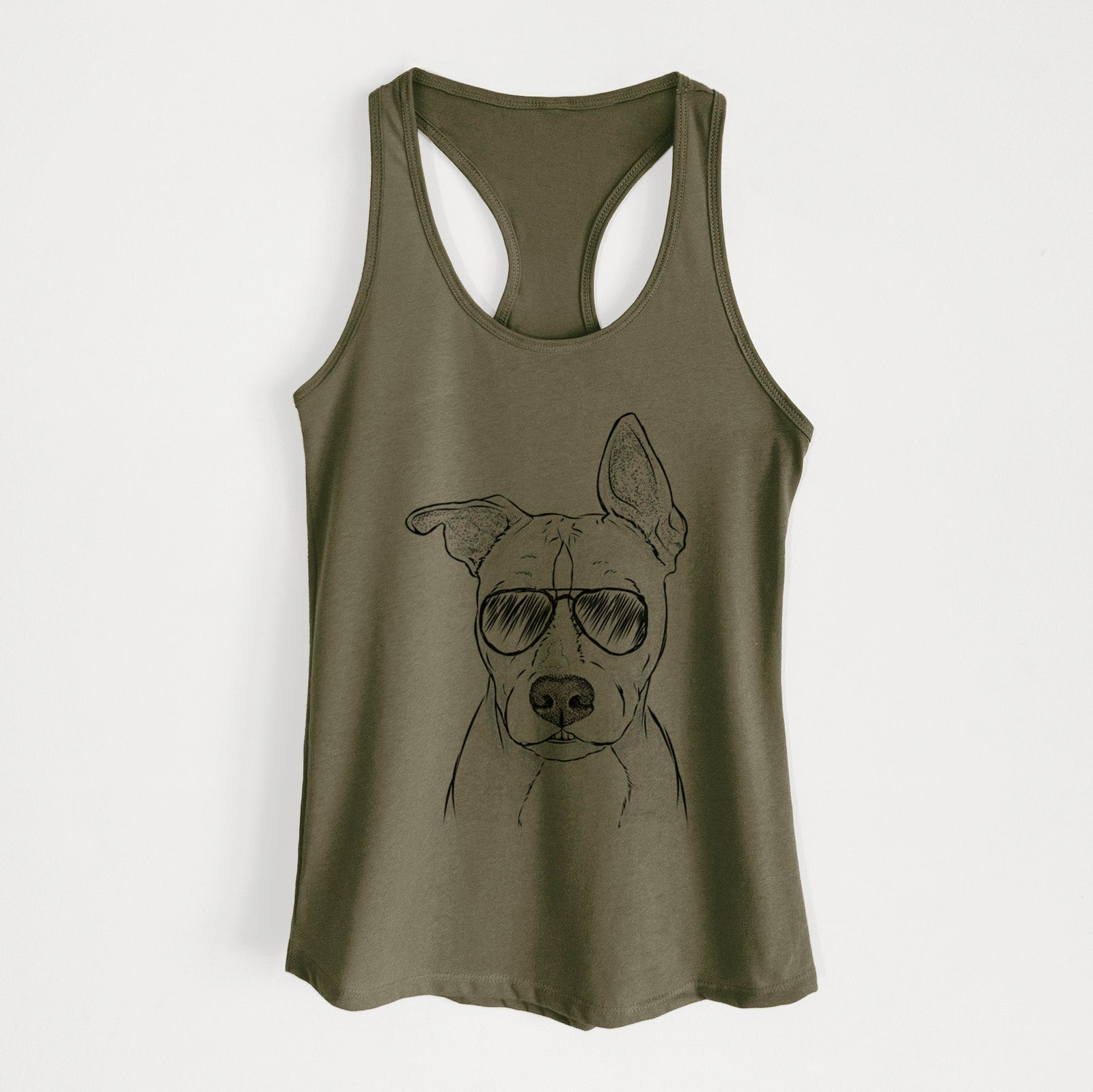 Hand-drawn sketch of Kisses the Pitbull wearing aviator sunglasses on a Military Green Women's racerback tanktop