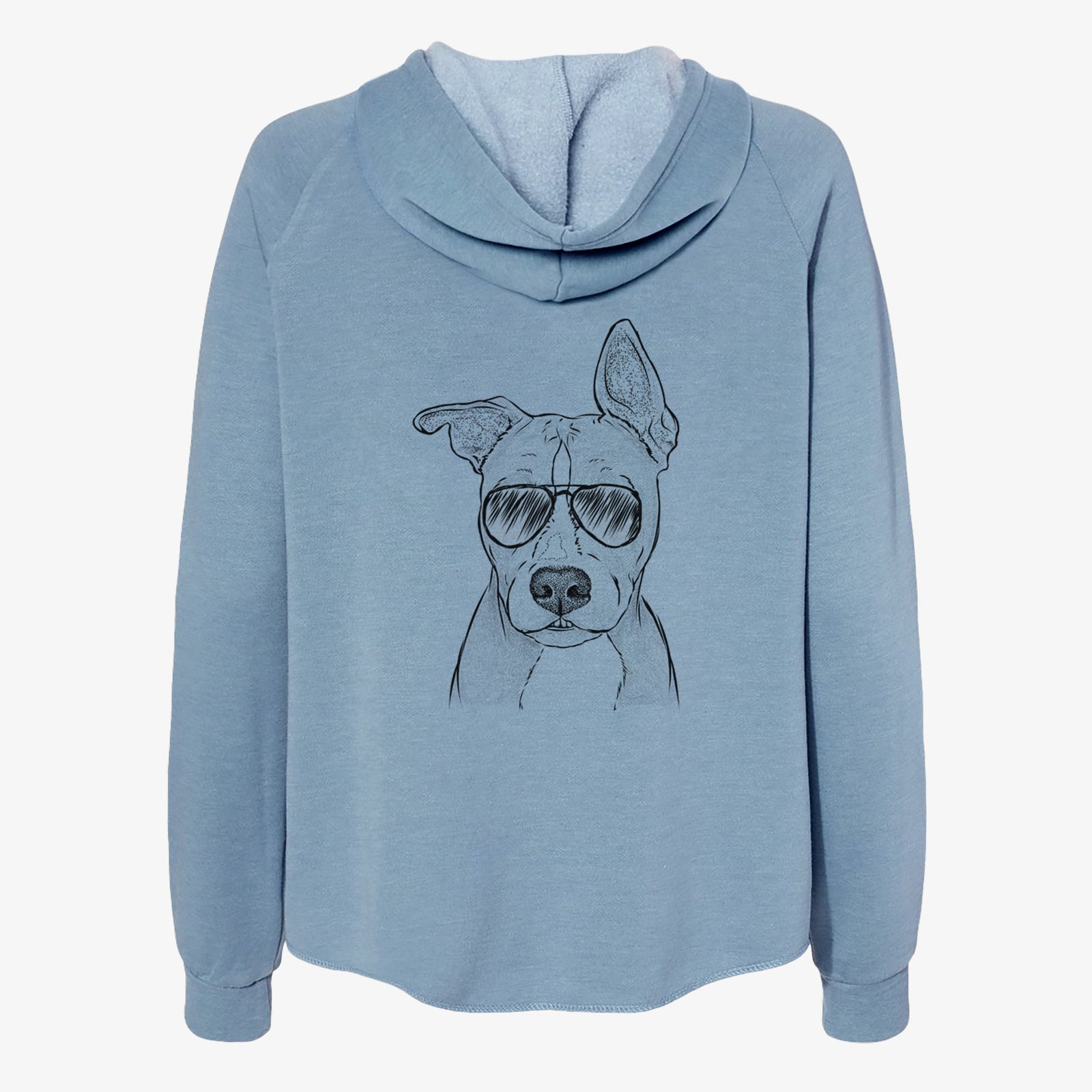 Hand-drawn sketch of Kisses the Pitbull wearing aviator sunglasses on a Misty Blue Women's cali wave zip-up sweatshirt