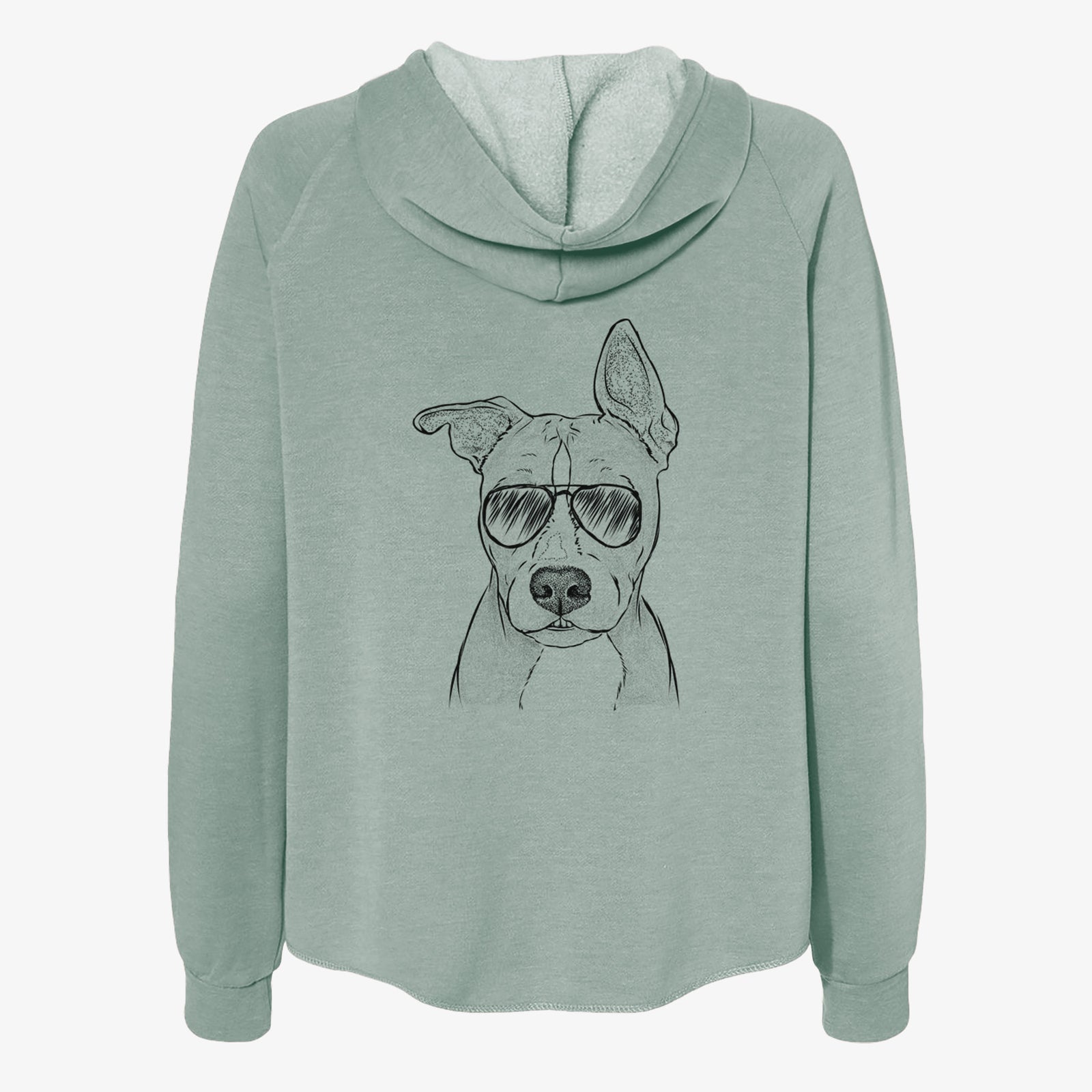 Hand-drawn sketch of Kisses the Pitbull wearing aviator sunglasses on a Sage Women's cali wave zip-up sweatshirt